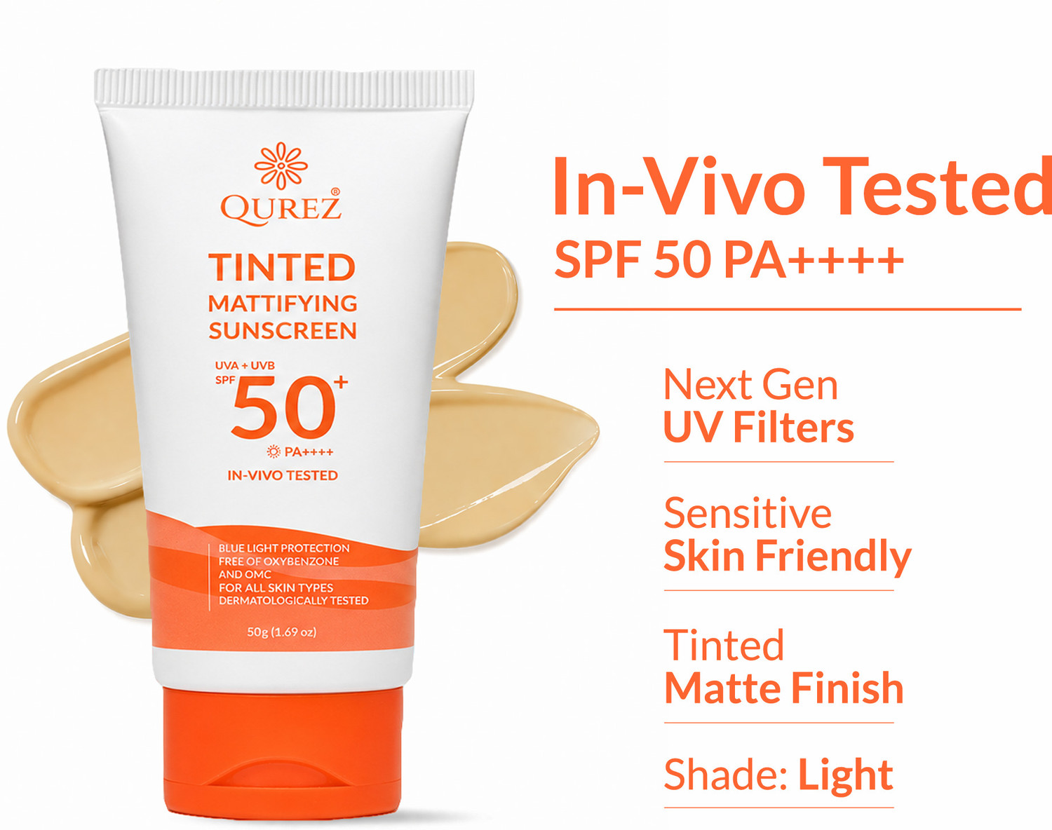 Image of Qurez Sunscreen - SPF 50+ PA++++ Tinted Mattifying Sunscreen Light Glow Shade . Broad-Spectrum Sun Defence (50 g)