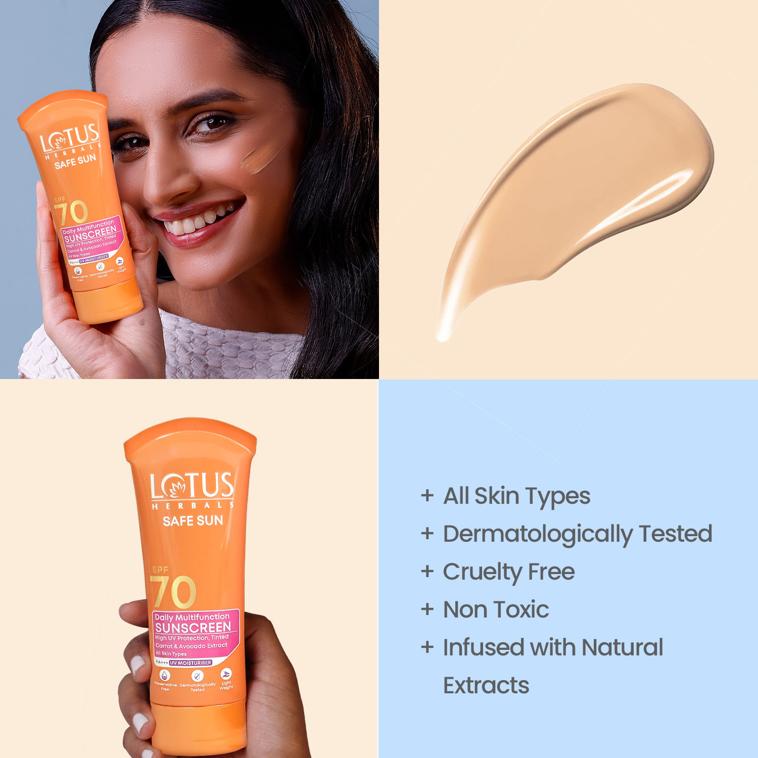 Image of LOTUS HERBALS Sunscreen - SPF 70 PA+++ Safe Sun Daily Multi-Function Tinted Sunscreen SPF 70 PA+++