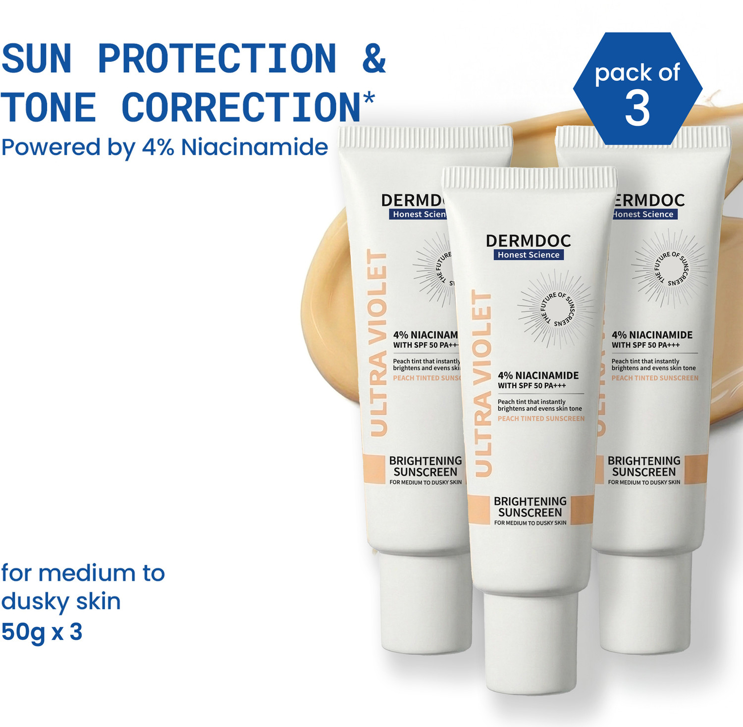 Image of DermDoc Sunscreen - SPF 50 PA+++ Ultra Violet Peach Brightening Sunscreen with 4% Niacinamide