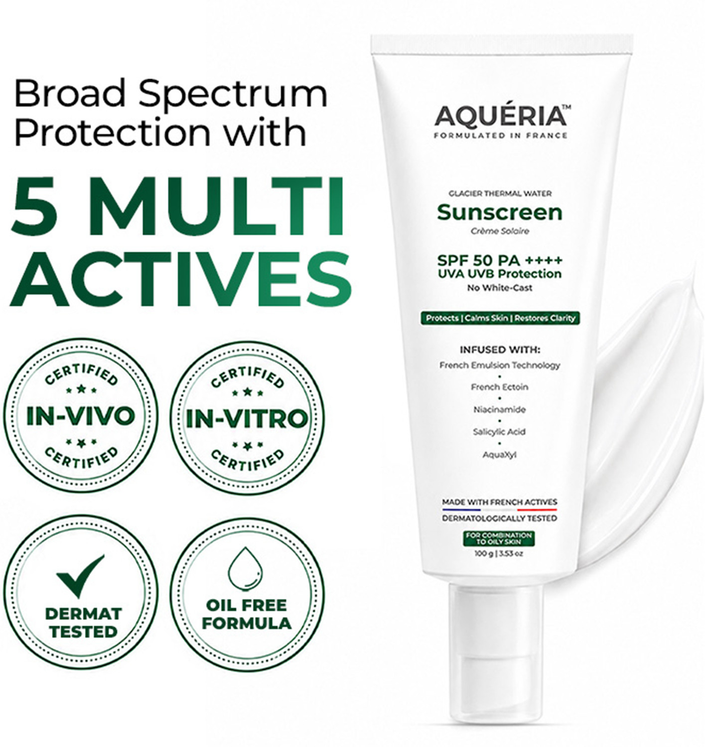 Image of Aqueria Sunscreen - SPF 50 PA++++ Oil Control Brightening French Multi-Active SPF | 2% Niacinamide, Salicylic Acid