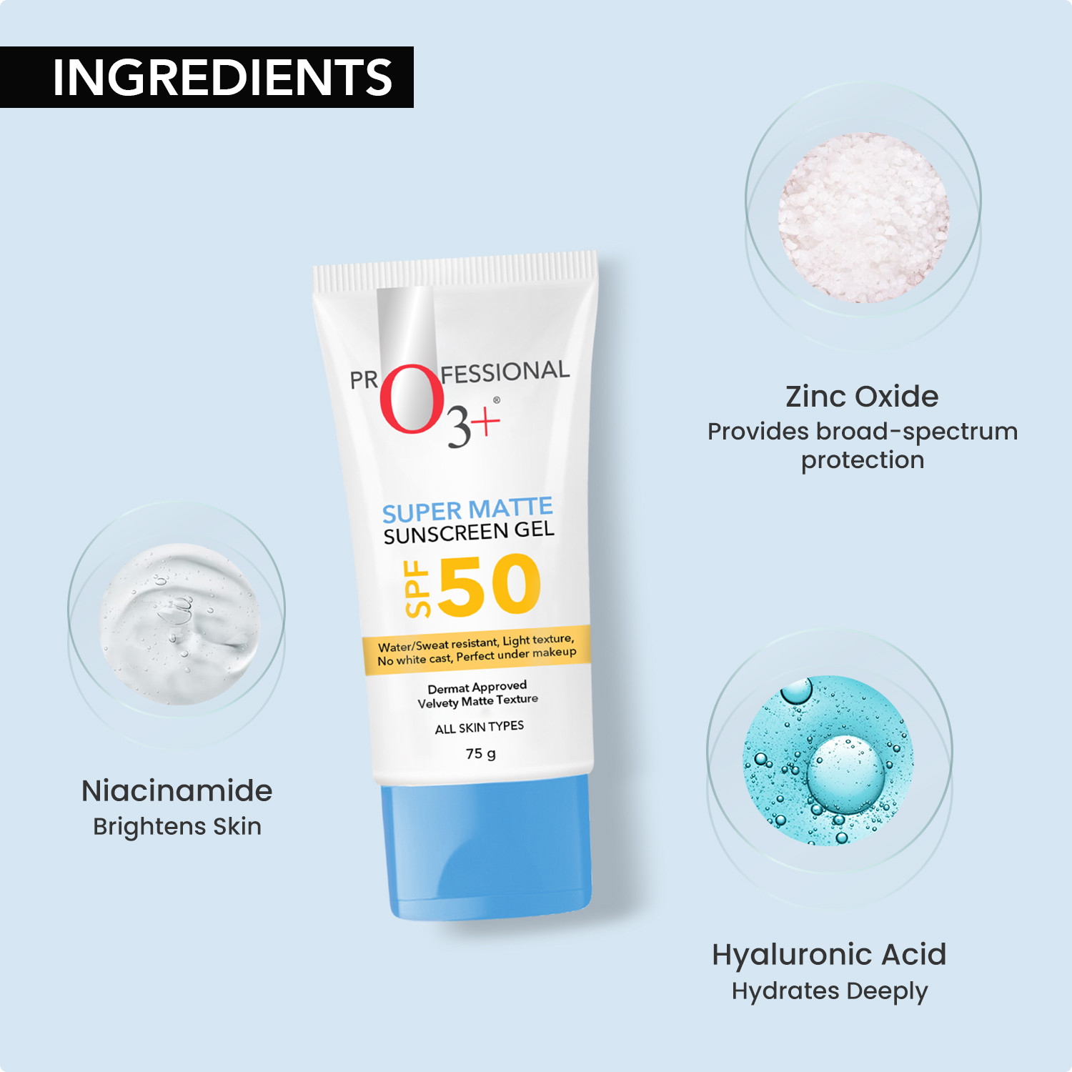 Image of O3+ Sunscreen - SPF 50 Super Matte Sunscreen gel SPF 50 For All skin types, 75g