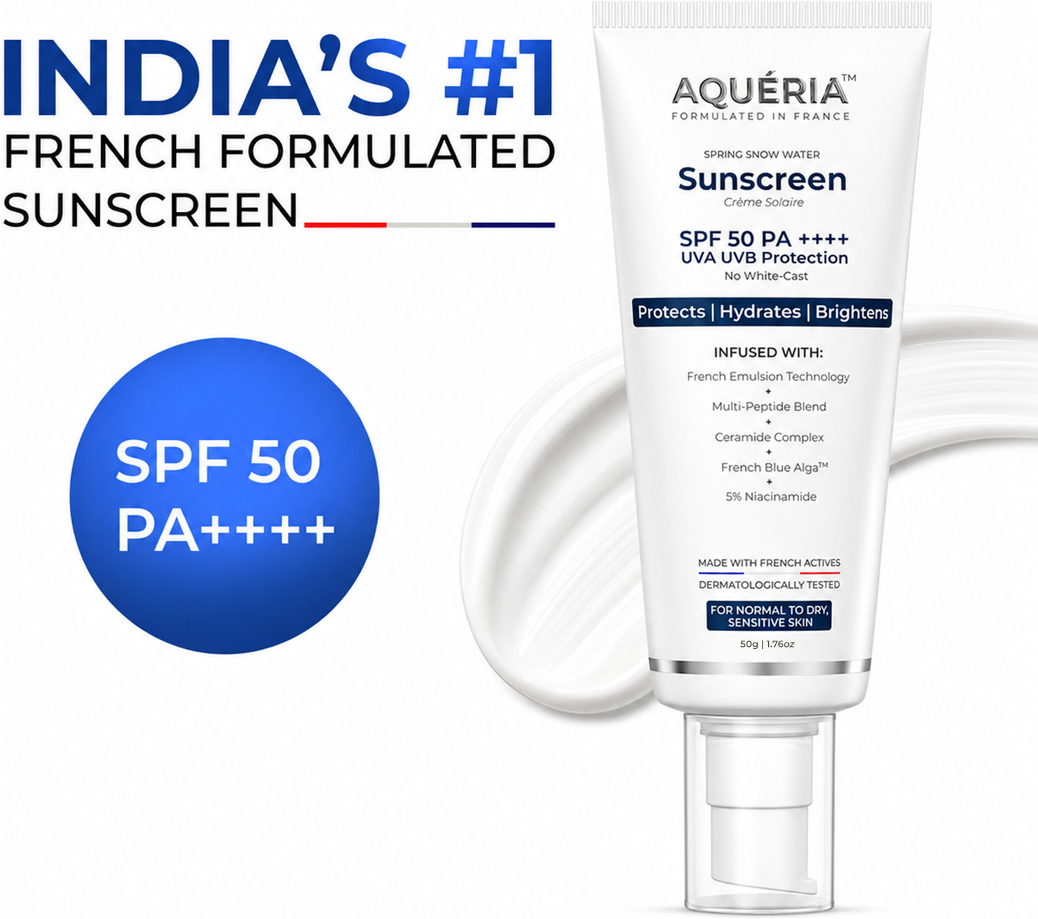 Image of Aqueria Sunscreen - SPF 50 PA++++ Brightening & Hydrating French Multi-Active SPF | Niacinamide, Tranexamic Acid