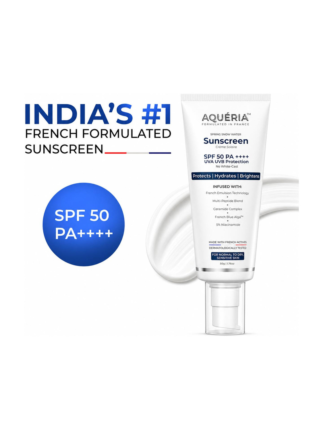 Image of Aqueria Sunscreen - SPF 50 PA++++ Brightening & Hydrating French Multi-Active SPF | Niacinamide, Tranexamic Acid