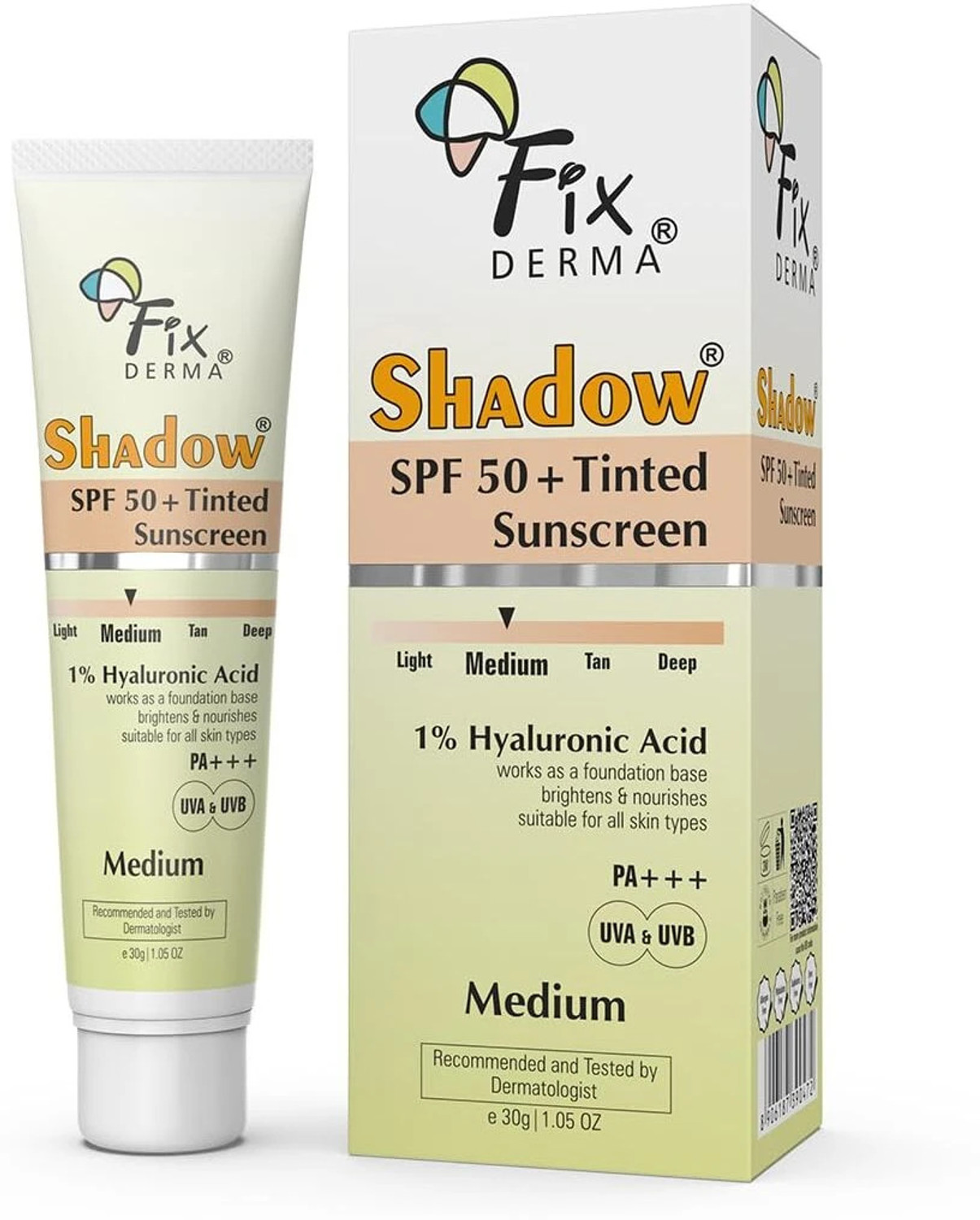 Image of Fixderma Sunscreen - SPF 50 PA+++ Shadow Tinted Sunscreen Medium SPF 50 PA+++, 1% Hyaluonic Acid, No White Cast