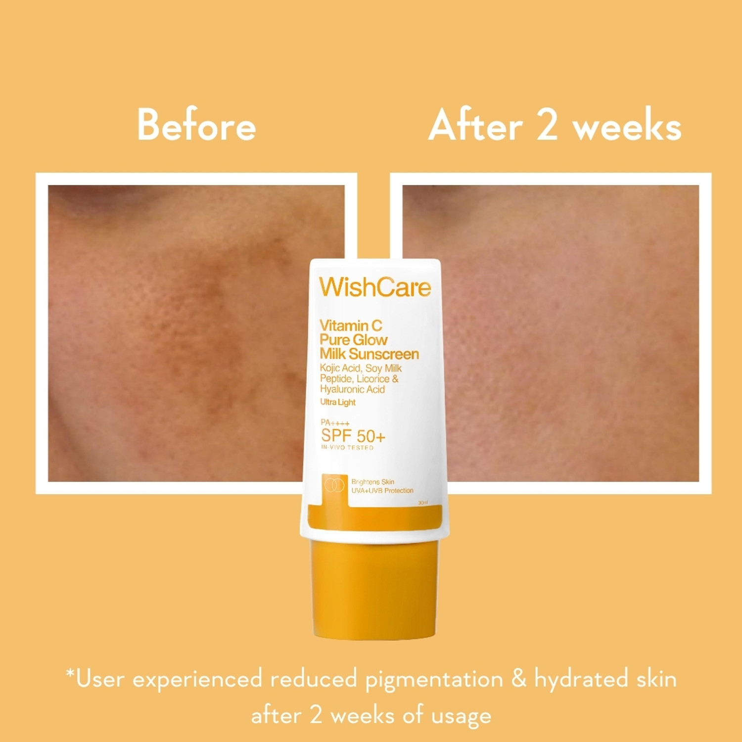 Image of WishCare Sunscreen - SPF 50+ PA++++ Vitamin C Pure Glow Milk Sunscreen|In-Vivo Tested|For Men & Women|No White Cast
