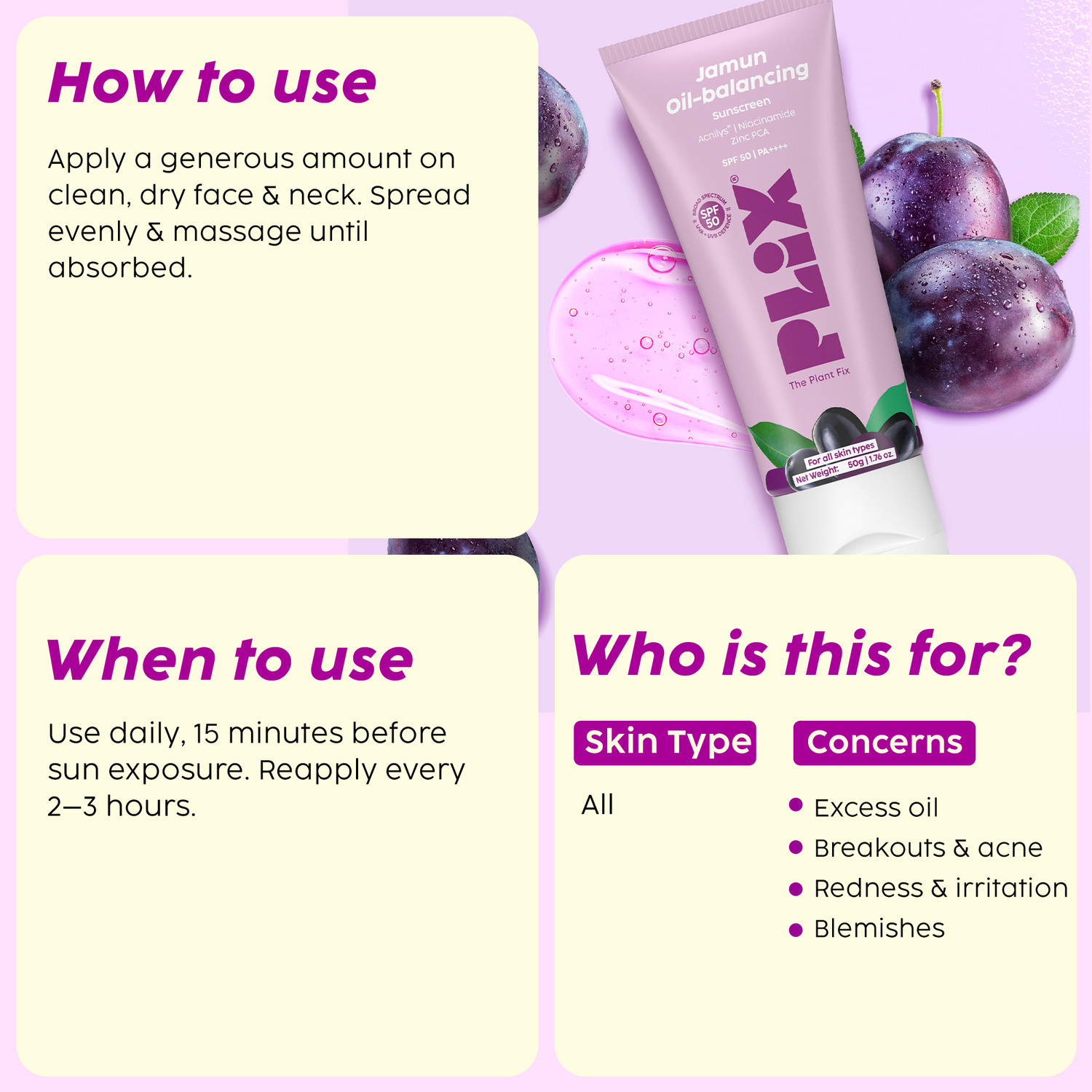 Image of The Plant Fix Plix Sunscreen - SPF 50 PA++++ Jamun Oil-Balancing Gel Sunscreen With SPF 50, Non-Greasy Sun Protection