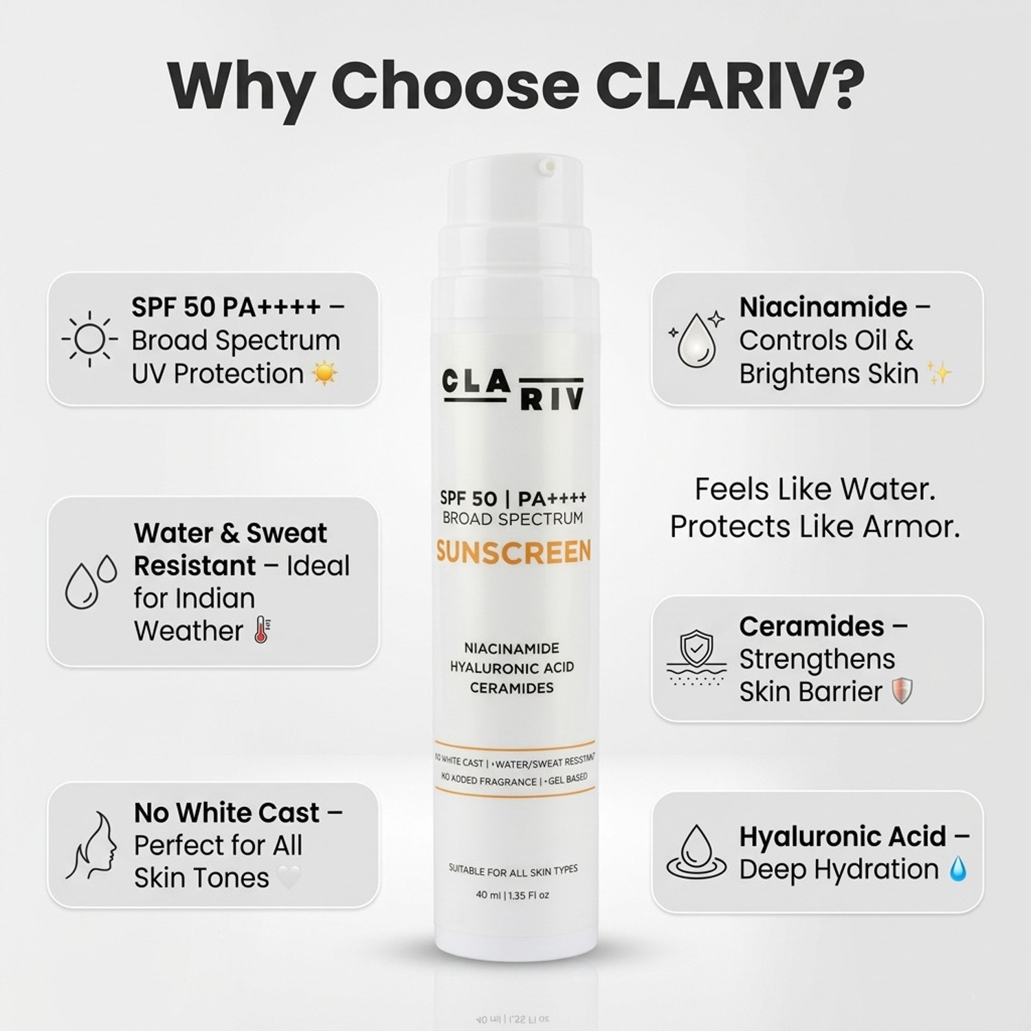 Image of CLARIV Sunscreen - SPF 50 PA++++ SPF 50 Sunscreen for Face & Body Broad Spectrum Sun Protection