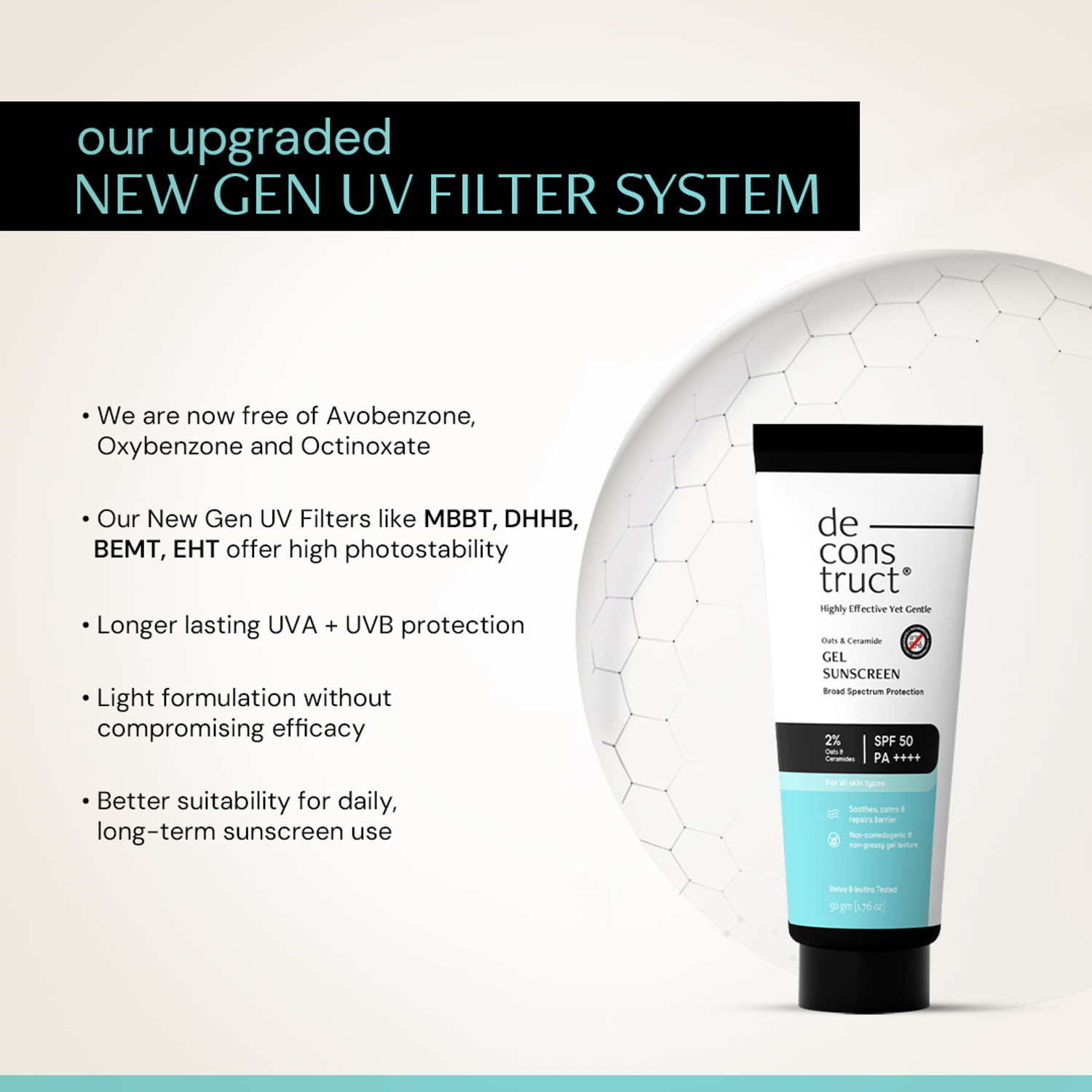 Image of Deconstruct Sunscreen - SPF 50 PA++++ Oats and Ceramide Gel Sunscreen Barrier Repair Oily Skin For Men & Women