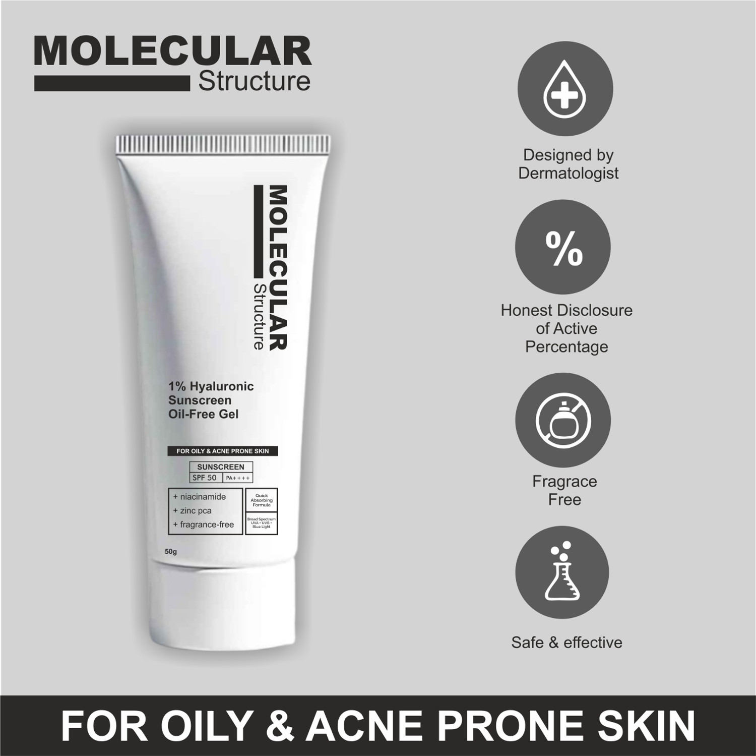 Image of Molecular Structure Sunscreen - SPF 50 PA++++ Oil-Free Gel, 1% Hyaluronic for Oiily & Acne Prone Skin, with Niacinamide