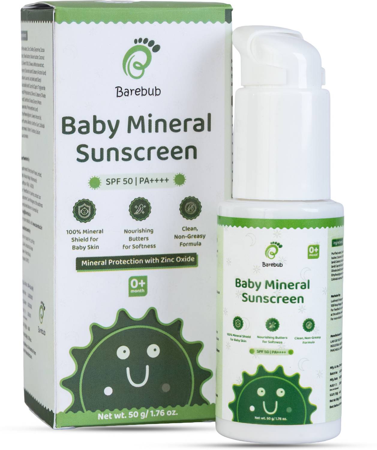Barebub Sunscreen - SPF 50 PA++++ Baby Mineral Sunscreen SPF 50 PA++++ with Zinc Oxide, Lightweight & Non-Sticky