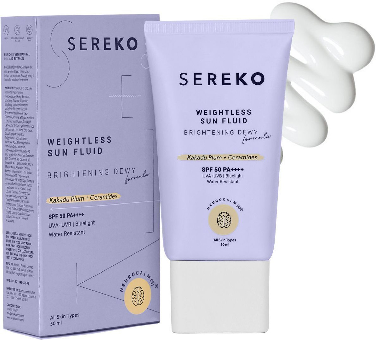 SEREKO Sunscreen - SPF 50 PA++++ Weightless Sun Fluid Brightening Dewy Formula | UVB-UVA & Blue Light Protection
