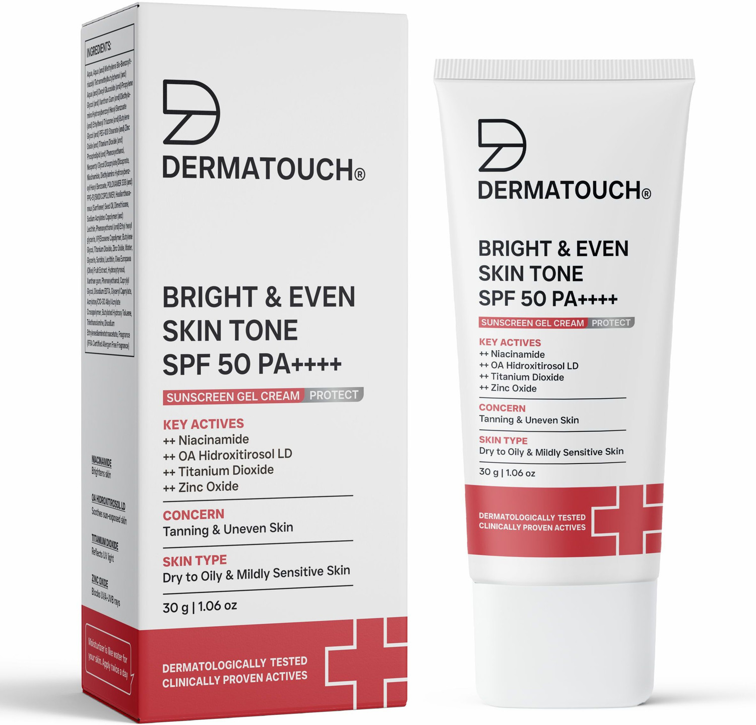 Image of Dermatouch Sunscreen - SPF 50 PA++++ Bright & Even Skin Tone Sunscreen Gel Cream for Tanning & Uneven Skin Tone