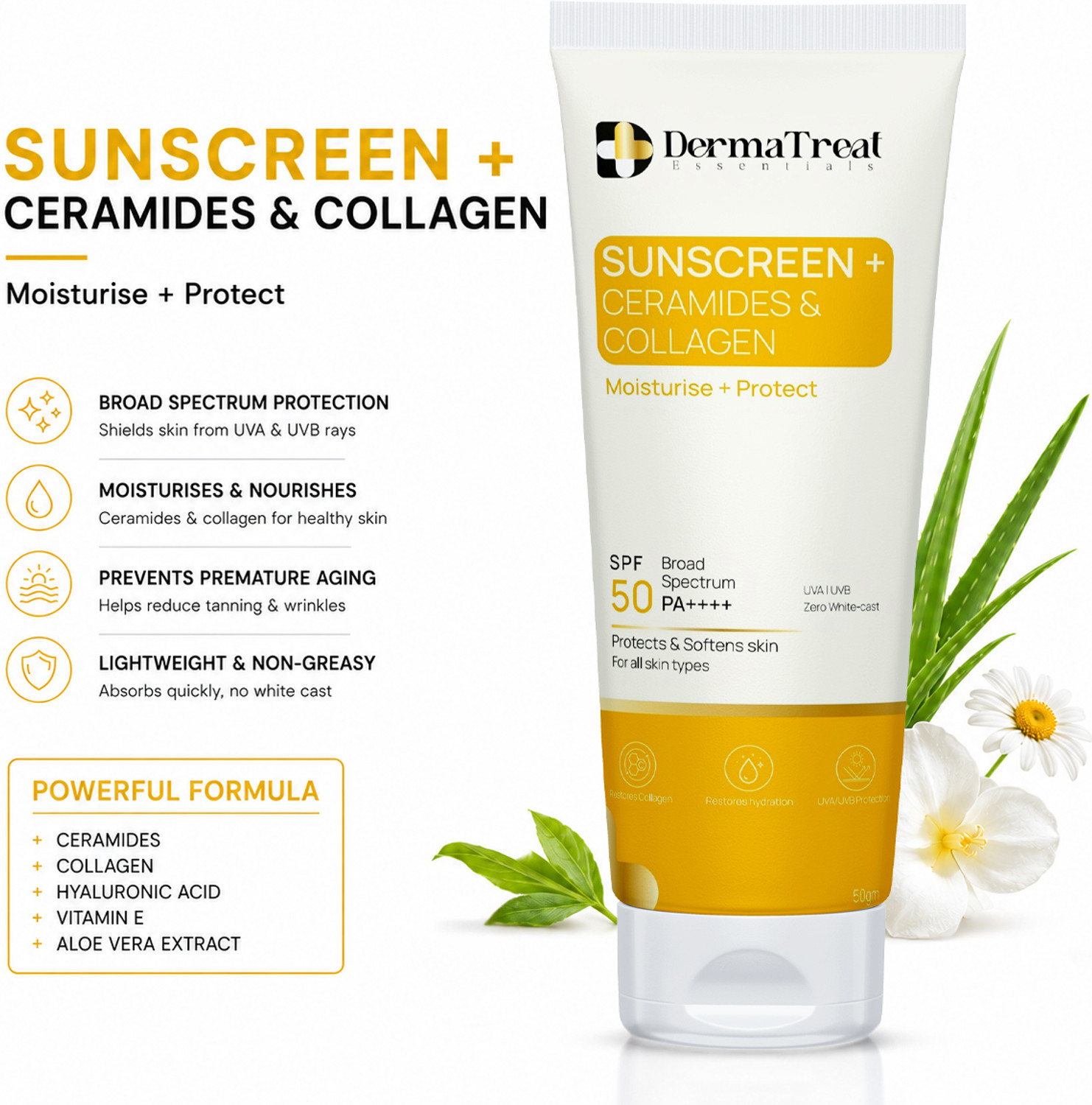 Image of DermaTreat Essentials Sunscreen - SPF 50 PA++++ Moisturizer, Smooth Skin & No White Cast