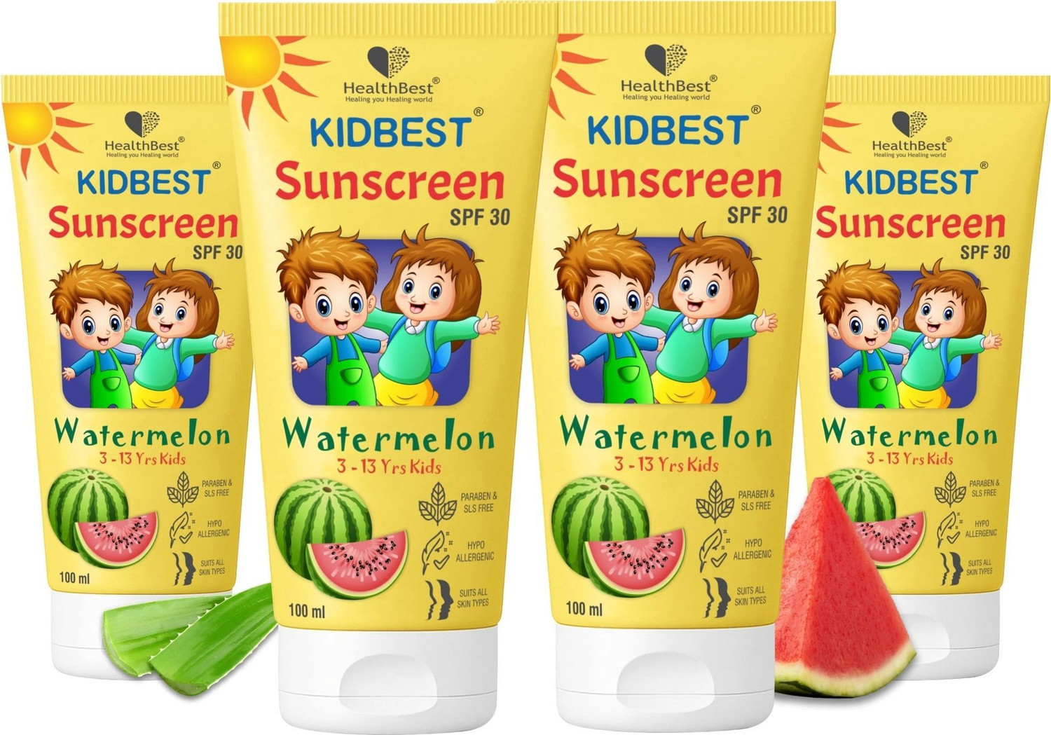 HealthBest Sunscreen - SPF 30 PA+++ Kidbest Sunscreen for 3-13 Years Kids | Each 100ml (Pack of 4)