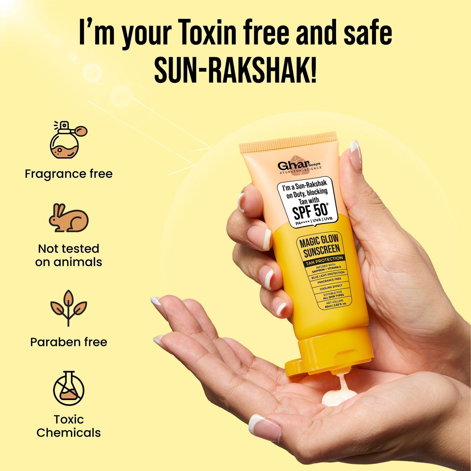 Image of Ghar Soaps Sunscreen - SPF 50 PA++ Magic Glow Sunscreen, SPF 50+ UVA /UVB Protection, Saffron & Vitamin E, 60ml