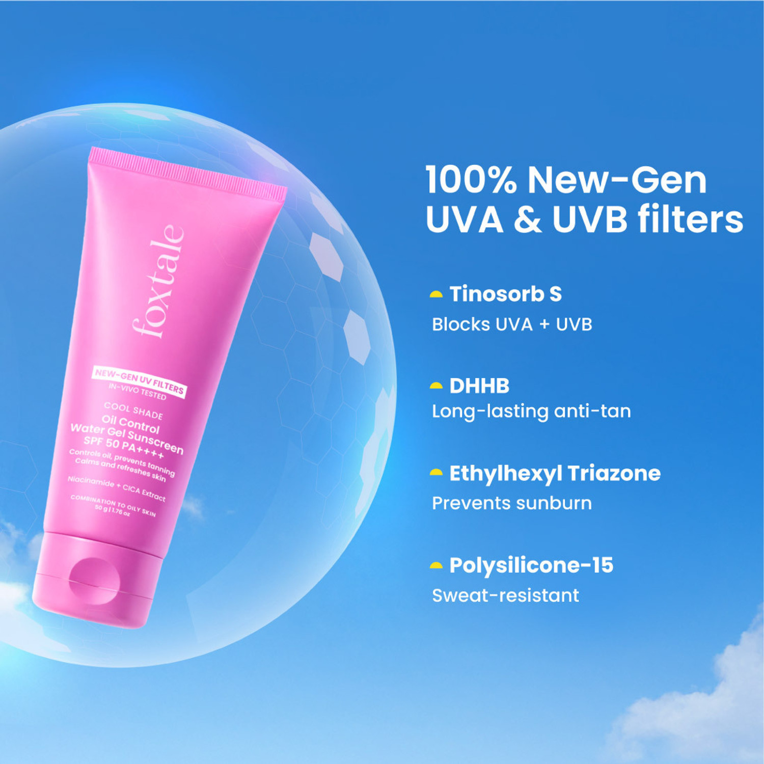 Image of Foxtale Sunscreen - SPF 50 PA++++ Ice-Burst Gel Face Sunscreen for Oily Skin, Non-Greasy, In-Vivo Tested