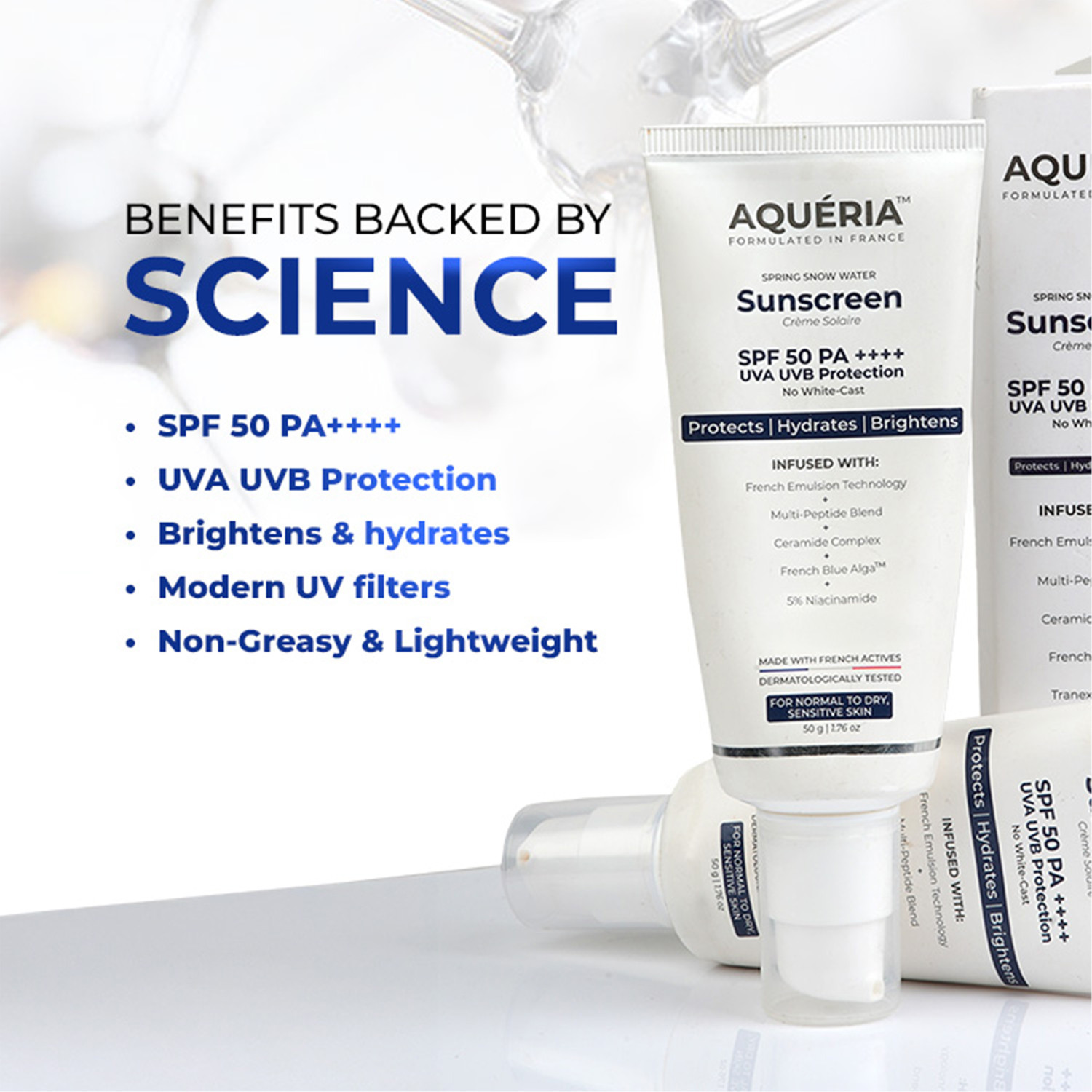 Image of Aqueria Sunscreen - SPF 50 PA++++ Brightening & Hydrating French Multi-Active SPF | Niacinamide, Tranexamic Acid