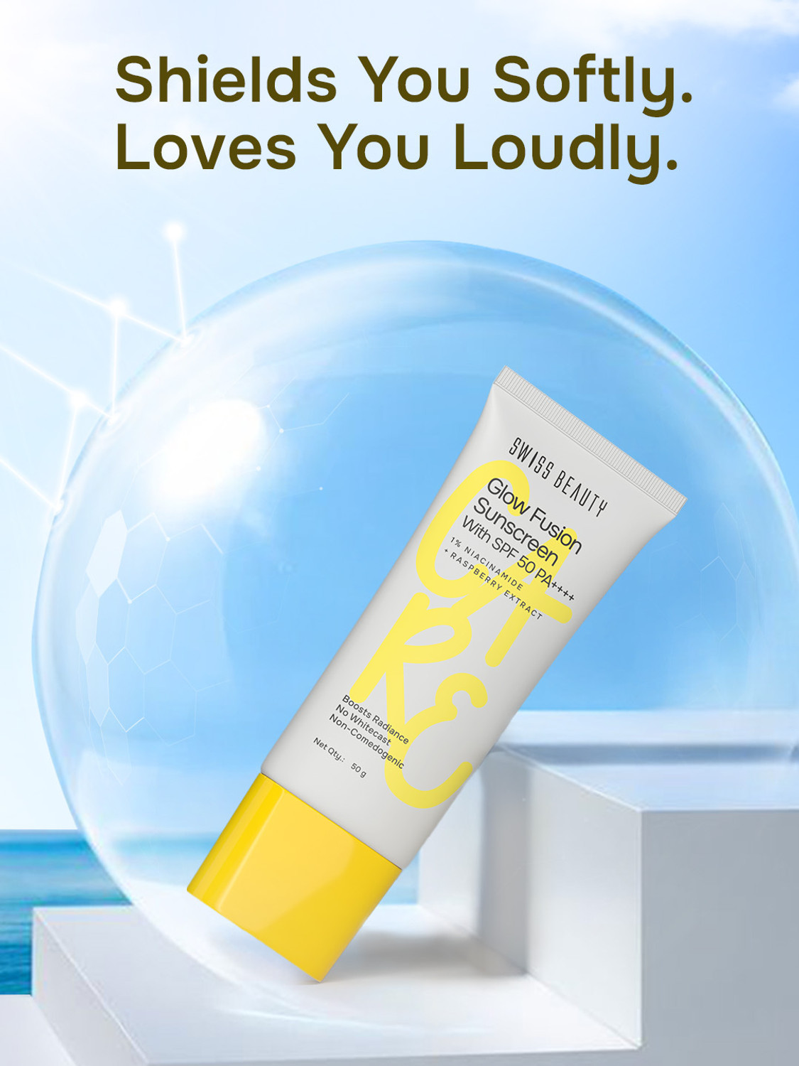 Image of SWISS BEAUTY Sunscreen - SPF 50 PA++++ Glow Fusion Sunscreen SPF 50 PA++++ - 1% Niacinamide & Raspberry Extract 50gm