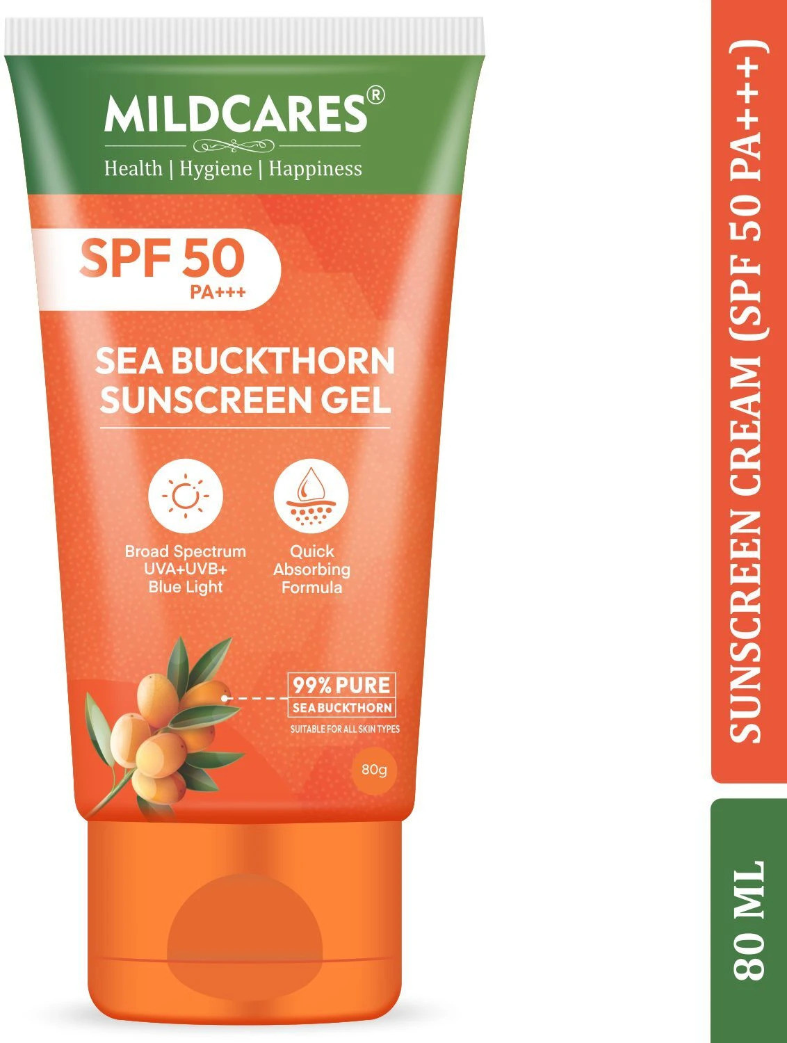 Image of MILDCARES Sunscreen - SPF 50 Pure Sea Buckthorn Sunscreen Gel | Lightweight, Non-Sticky | No White Cast | PA+++ SPF 50 | Broad Spectrum Sun Protection | Suitable for All Skin Types | Daily Use