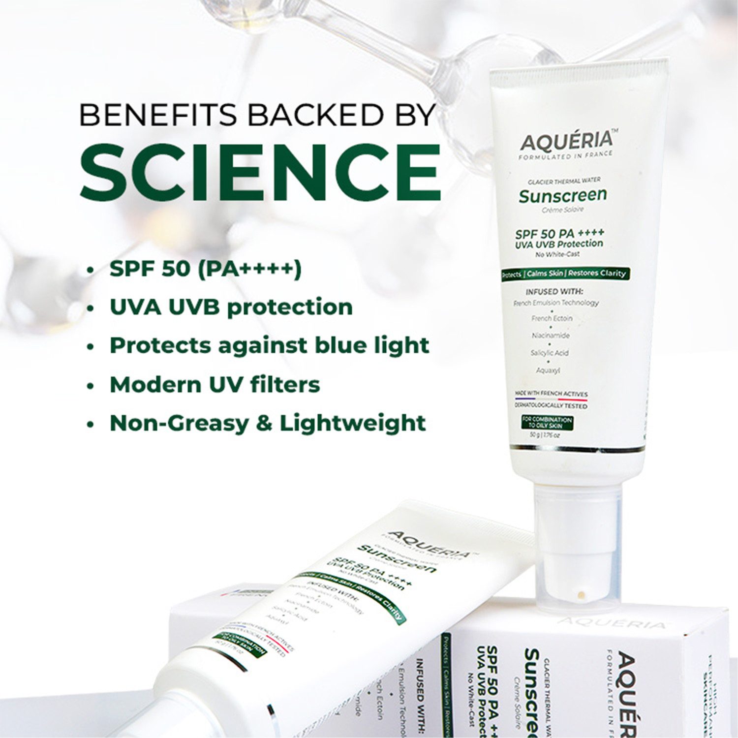 Image of Aqueria Sunscreen - SPF 50 PA++++ Oil Control Brightening French Multi-Active SPF | 2% Niacinamide, Salicylic Acid