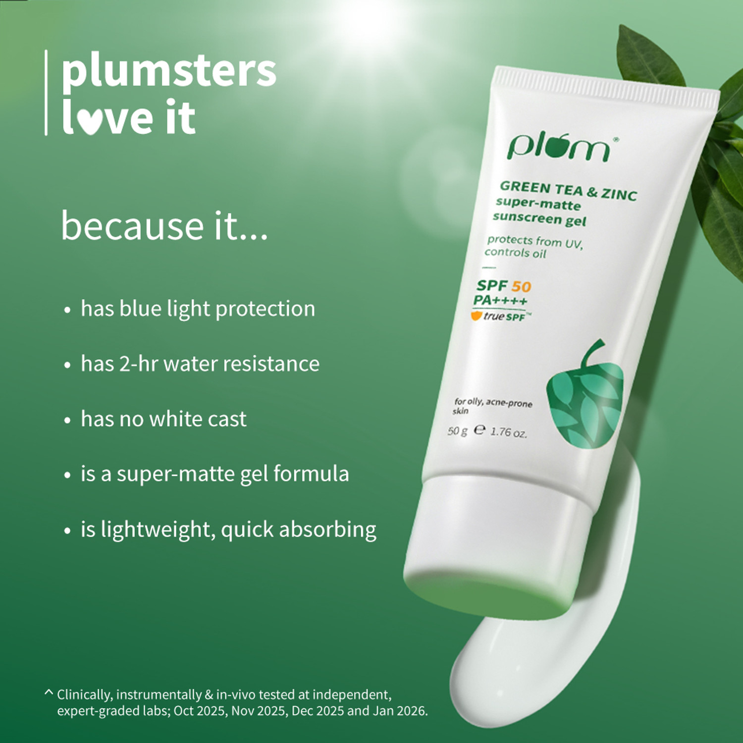 Image of Plum Sunscreen - SPF 50 PA++++ Green Tea & Zinc Super-Matte SPF 50 Sunscreen Gel | For Oily Skin |