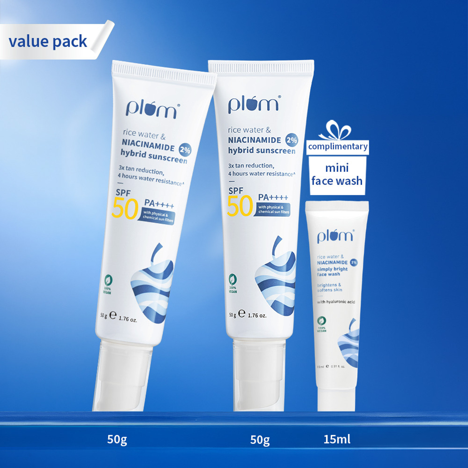 Image of Plum Sunscreen - SPF 50 PA+++ 2% Niacinamide & Rice Water Sunscreen | No White Cast + Free Face Wash