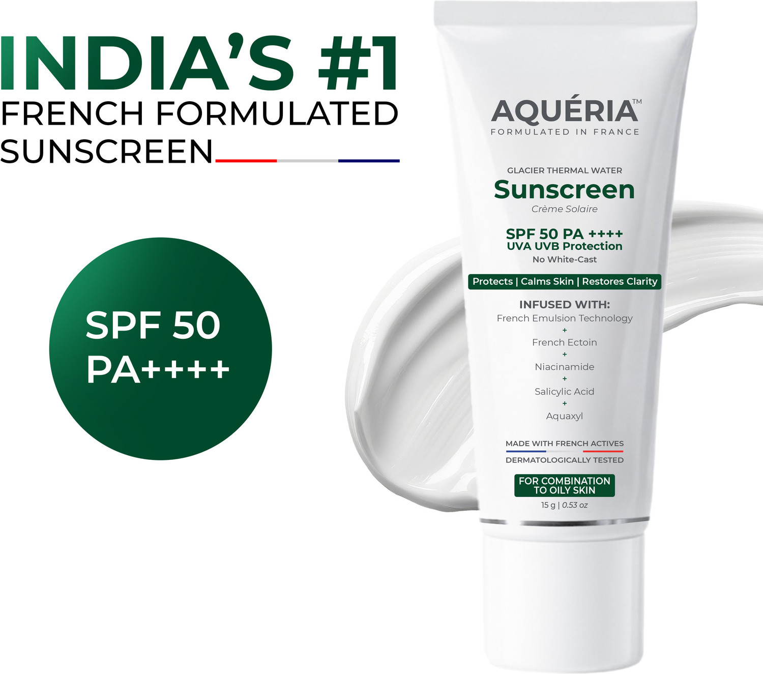 Image of Aqueria Sunscreen - SPF 50 PA++++ Oil Control Brightening French Multi-Active SPF | 2% Niacinamide, Salicylic Acid