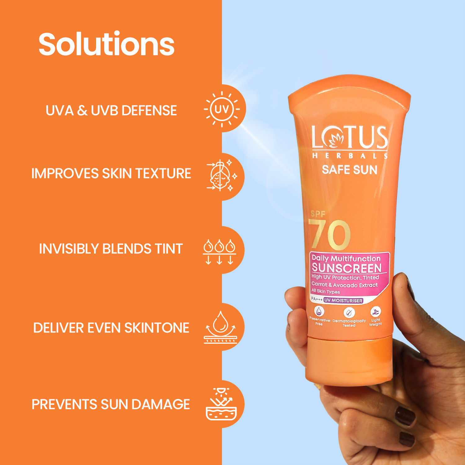 Image of LOTUS HERBALS Sunscreen - SPF 70 PA+++ Safe Sun Daily Multi-Function Tinted Sunscreen SPF 70 PA+++