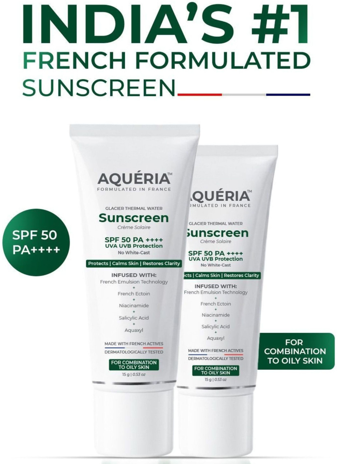 Image of Aqueria Sunscreen - SPF 50 PA++++ Oil Control Brightening French Multi-Active SPF | 2% Niacinamide, Salicylic Acid