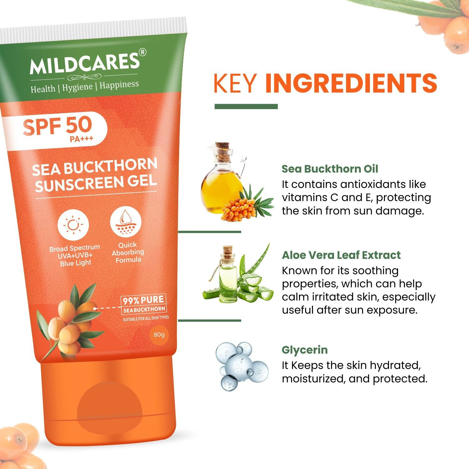 Image of MILDCARES Sunscreen - SPF 50 Pure Sea Buckthorn Sunscreen Gel | Lightweight, Non-Sticky | No White Cast | PA+++ SPF 50 | Broad Spectrum Sun Protection | Suitable for All Skin Types | Daily Use
