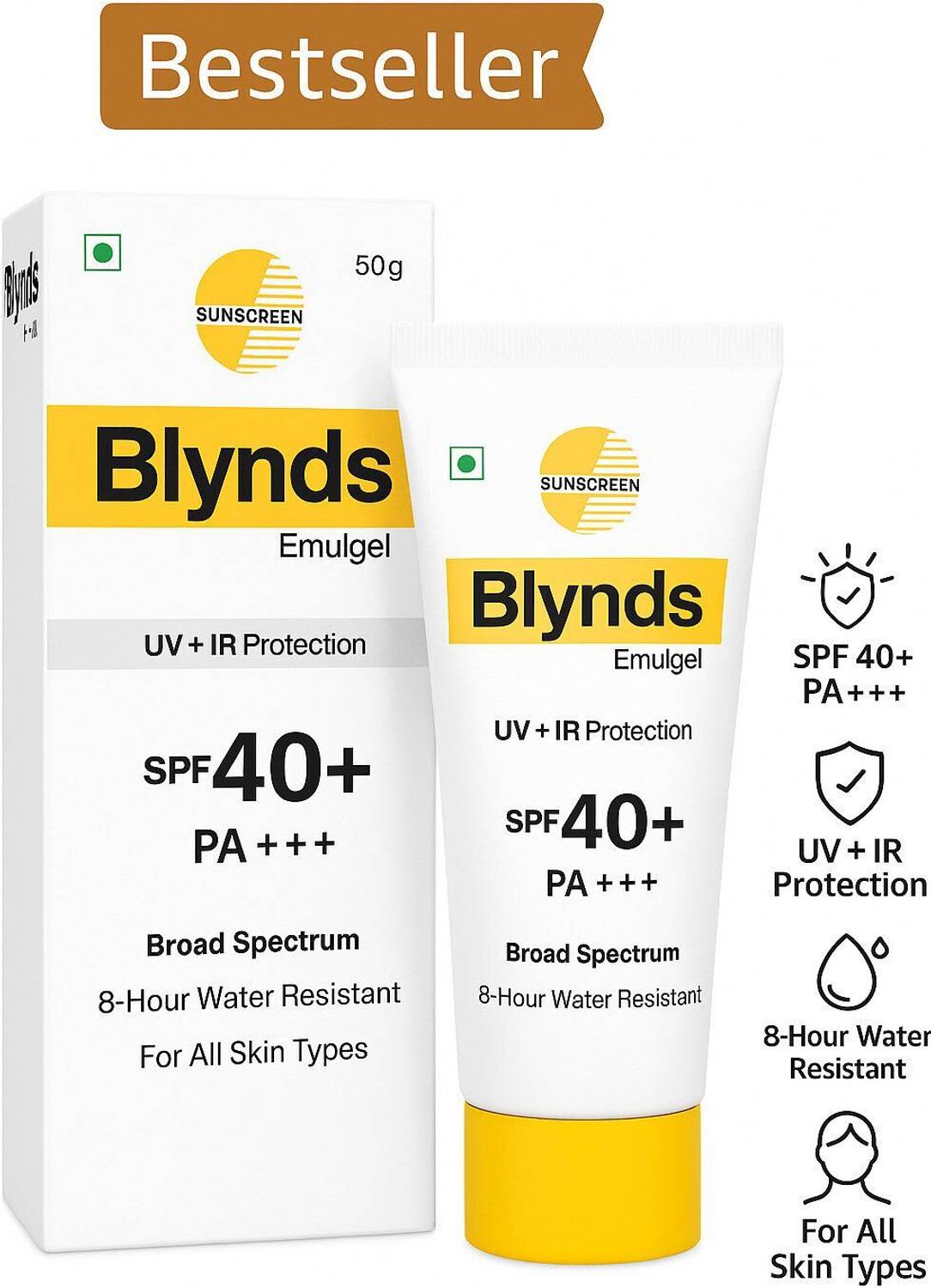 Blynds Sunscreen - SPF 40 PA+++ Sunscreen Emulgel SPF 40+ PA+++ | UV + IR Protection | Broad Spectrum
