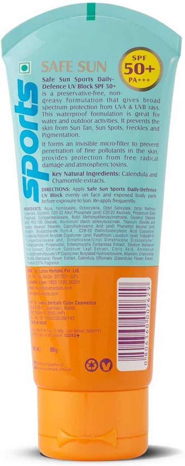 Image of LOTUS HERBALS Sunscreen - SPF 30 PA+++ Safe Sun Sports Daily-defence Uv Block SPF 50 80g