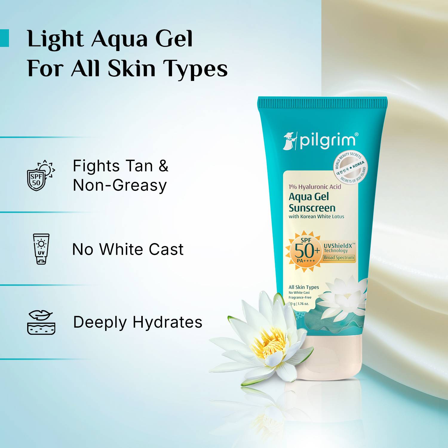 Pilgrim Sunscreen SPF 50 PA++++ 1% Hyaluronic Acid 50g - Image 5