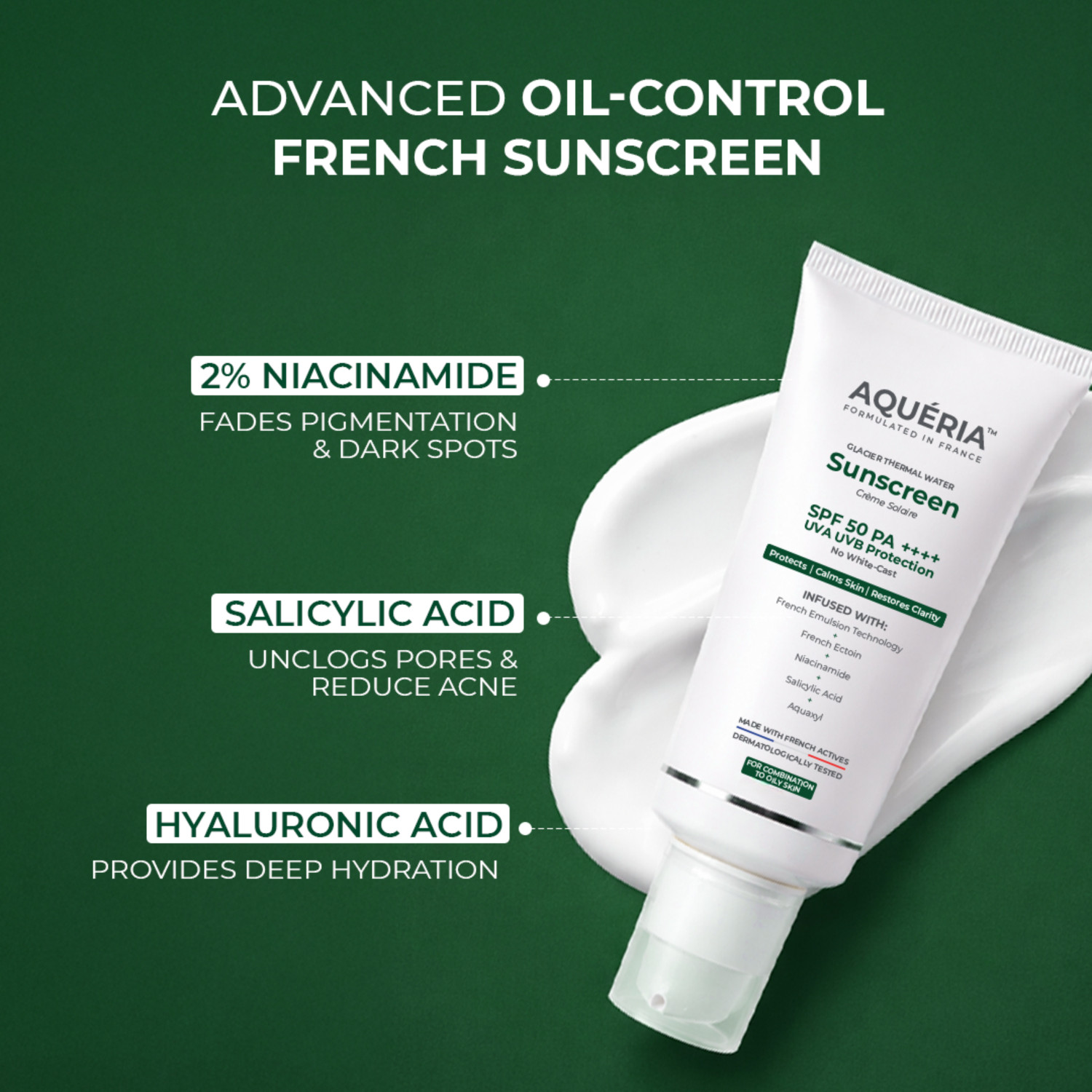 Image of Aqueria Sunscreen - SPF 50 PA++++ Oil Control Brightening French Multi-Active SPF | 2% Niacinamide, Salicylic Acid