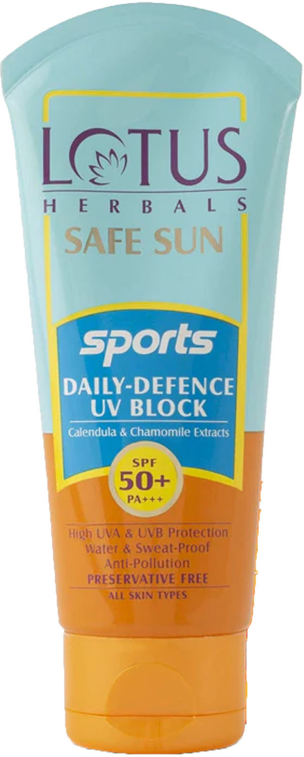 Image of LOTUS HERBALS Sunscreen - SPF 30 PA+++ Safe Sun Sports Daily-defence Uv Block SPF 50 80g