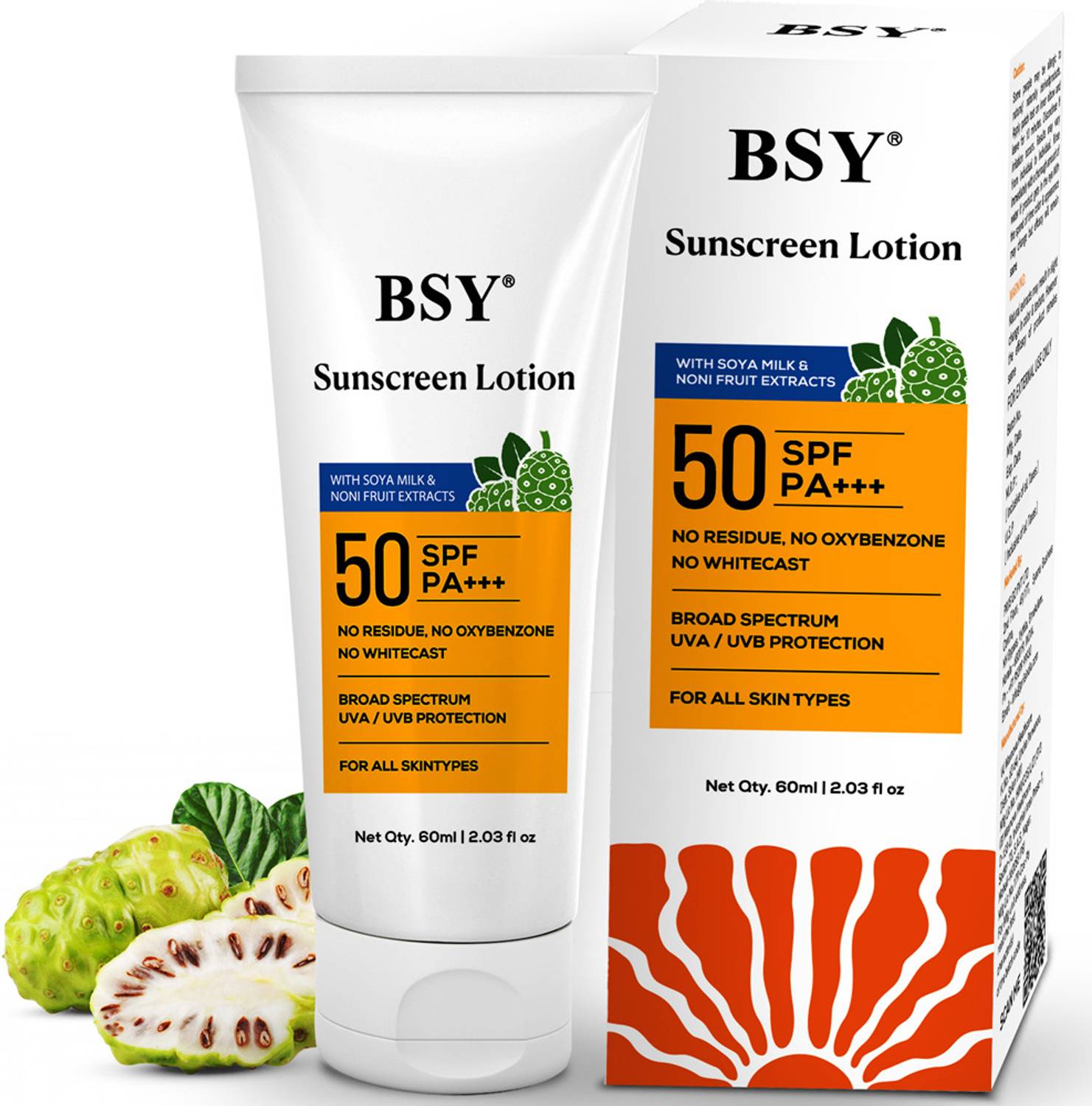 BSY Sunscreen - SPF 50 PA+++ Sunscreen Lotion | Noni & Soy Milk Extract | UVA/UVB Protection| For Women & Men