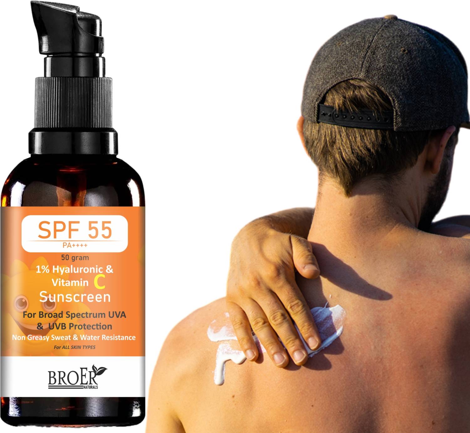 BROER Sunscreen - SPF 55 PA++++ Sunscreen with Vitamin C & Hyaluronic acid, Lightweight and Non Sticky, For Men