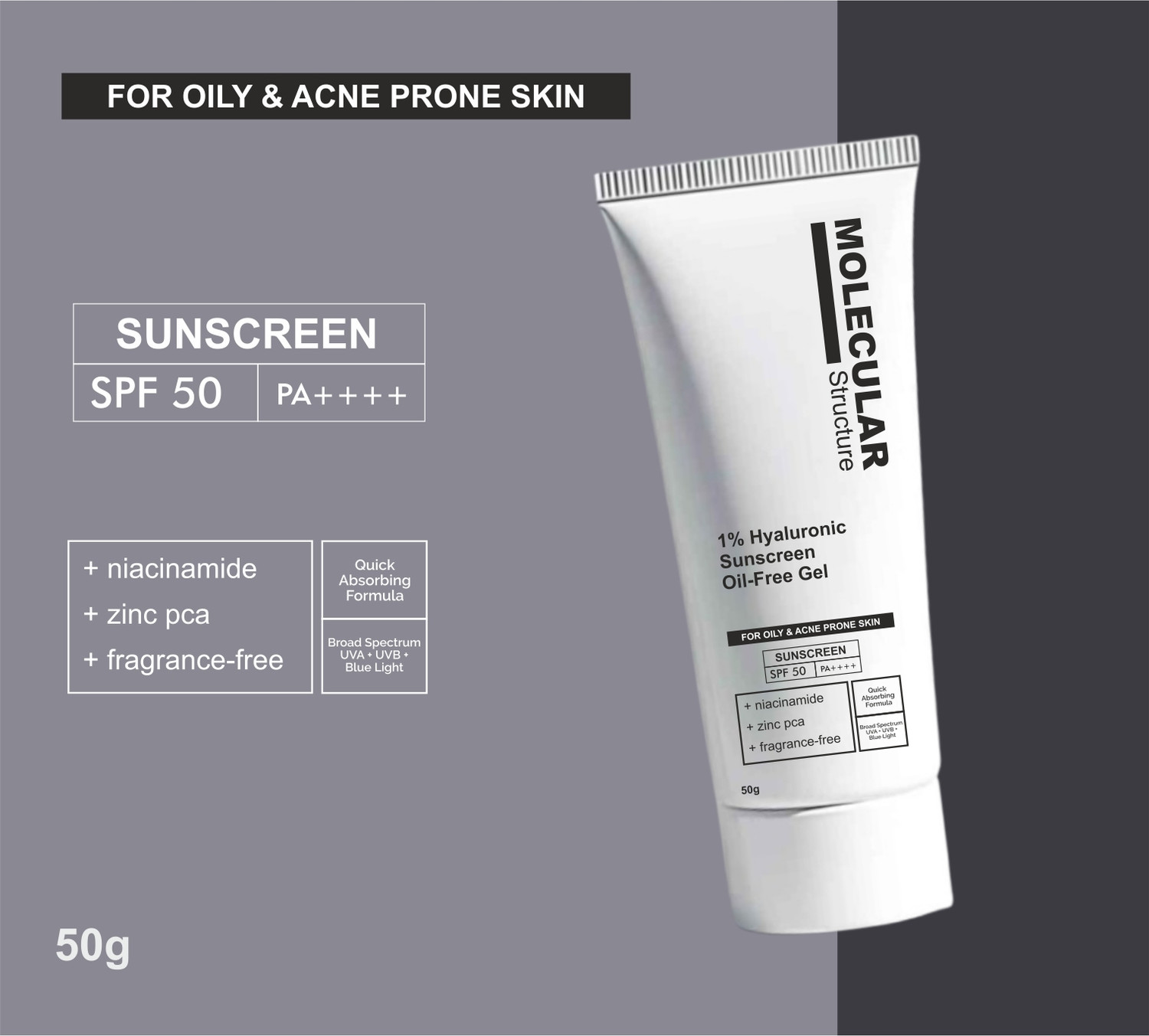 Image of Molecular Structure Sunscreen - SPF 50 PA++++ Oil-Free Gel, 1% Hyaluronic for Oiily & Acne Prone Skin, with Niacinamide