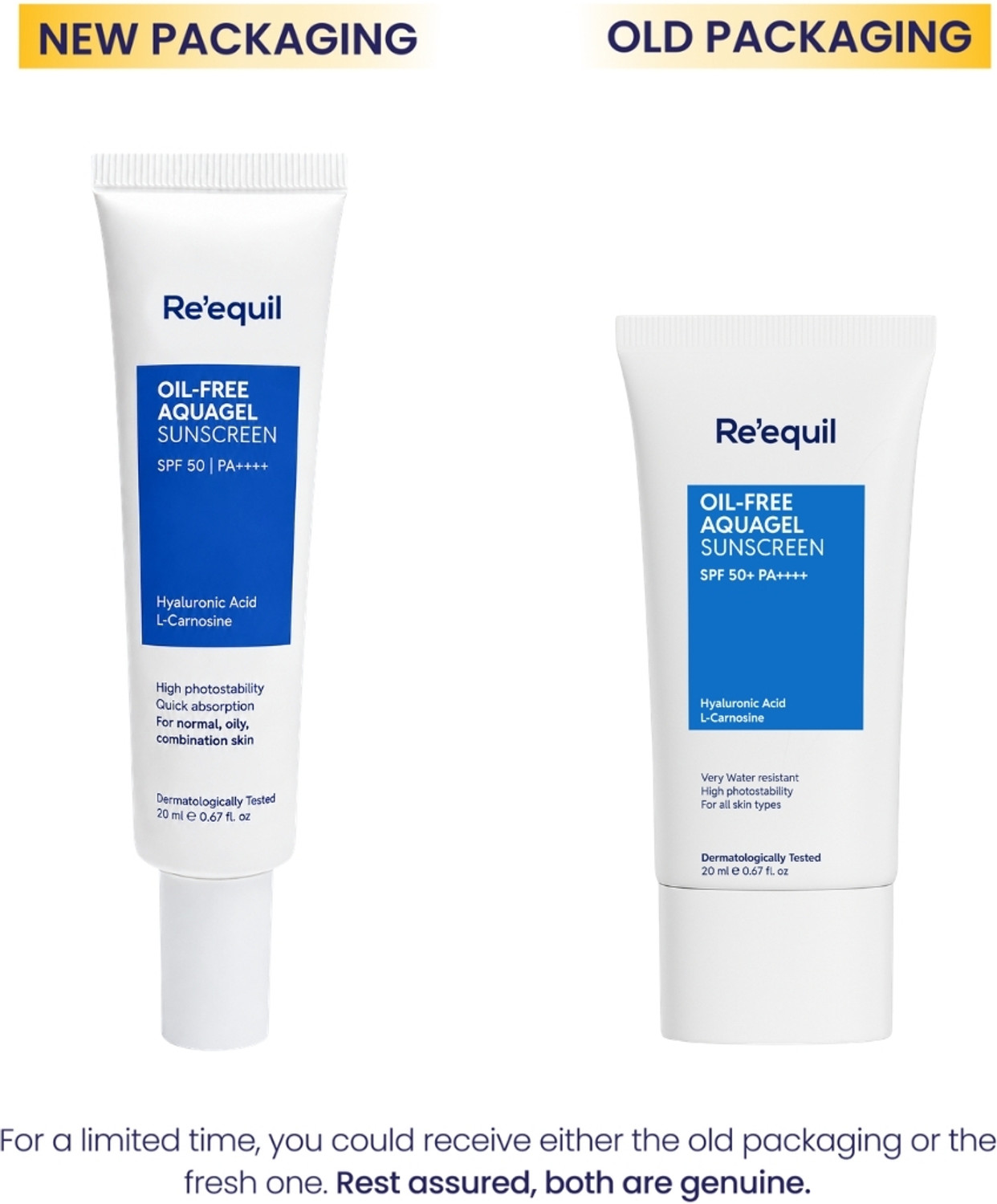 Image of Re'equil Sunscreen - SPF 50+ PA++++ Oil Free Aquagel Sunscreen | Hyaluronic acid for hydration