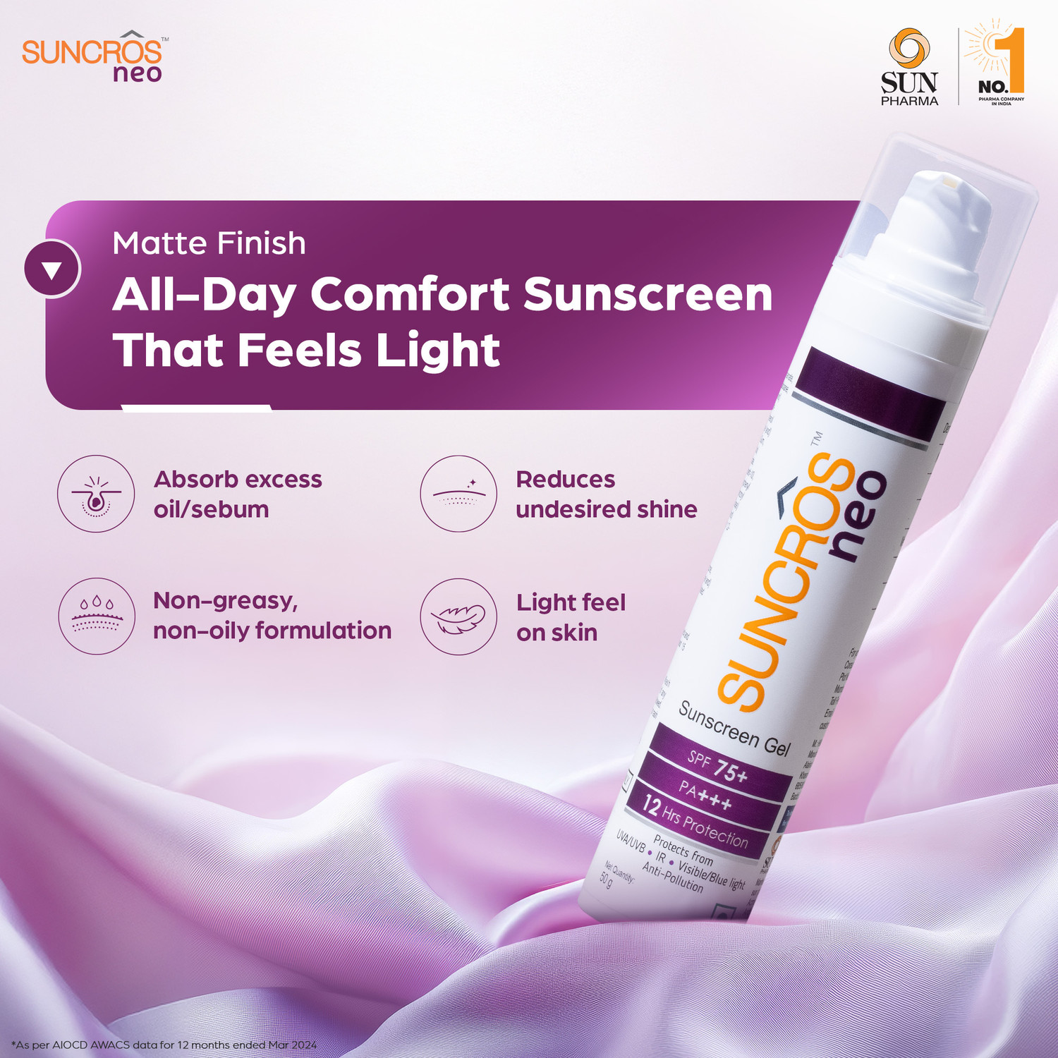 Image of Suncros Sunscreen - SPF 75+ PA+++ Neo Sunscreen Gel SPF 75+ & PA+++, 12-Hour Sun ProtectionM