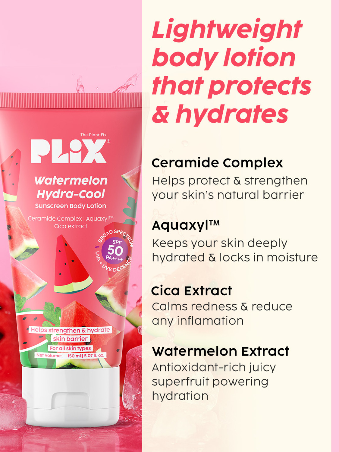 Image of The Plant Fix Plix Sunscreen - SPF 50 PA++++ Watermelon Hydra-Cool Sunscreen Body Lotion With SPF 50, Lightweight