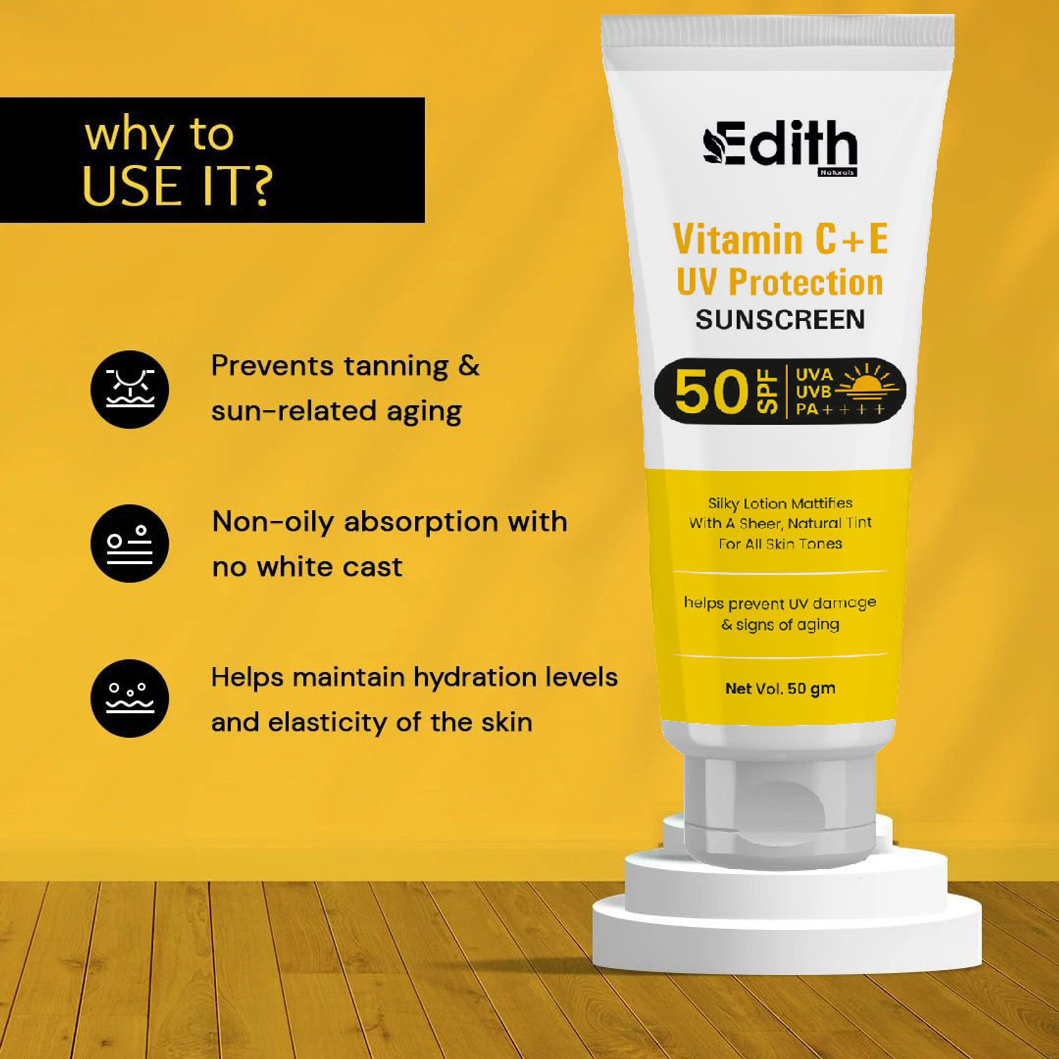 Image of EDITH NATURALS Sunscreen - SPF 50 PA+++ Lightweight Gel Sunscreen | No White Cast | For men & Women