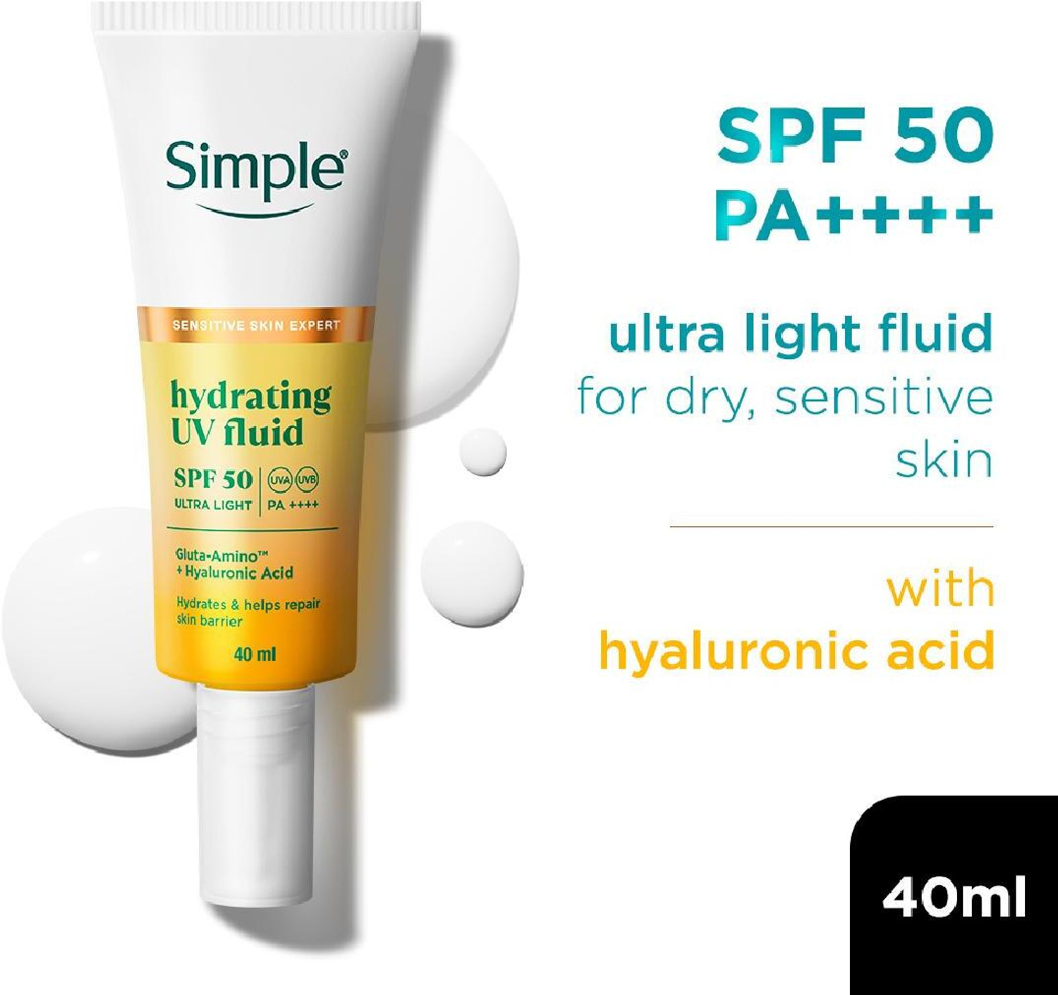 Image of Simple Sunscreen - SPF 50 PA++++ Hydrating UV Fluid Hyaluronic Acid for dry & sensitive skin