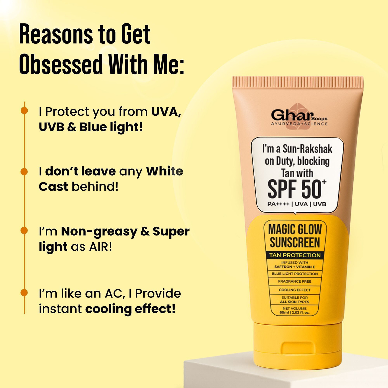 Image of Ghar Soaps Sunscreen - SPF 50 PA++ Magic Glow Sunscreen, SPF 50+ UVA /UVB Protection, Saffron & Vitamin E, 60ml