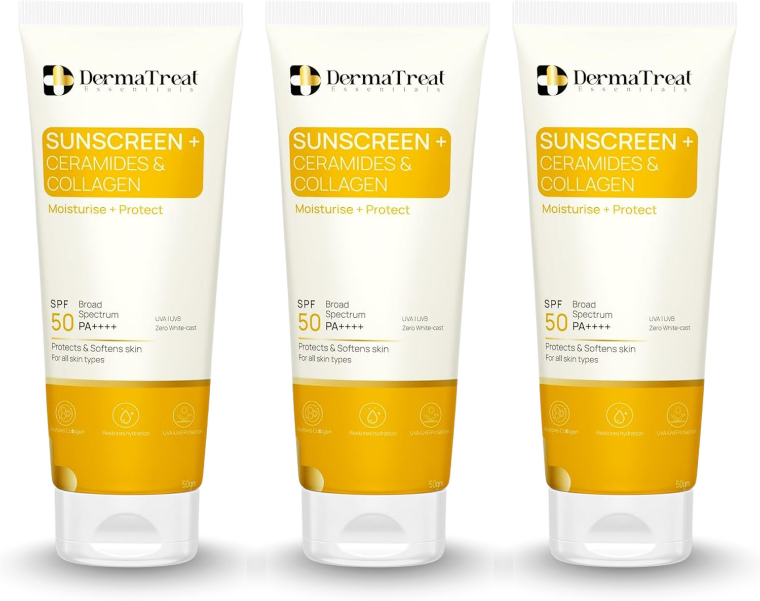 Image of DermaTreat Essentials Sunscreen - SPF 50 PA++++ Broad Spectrum Sunscreen With Ceramides & Collagen| PA+++ UVA & UVB Protection