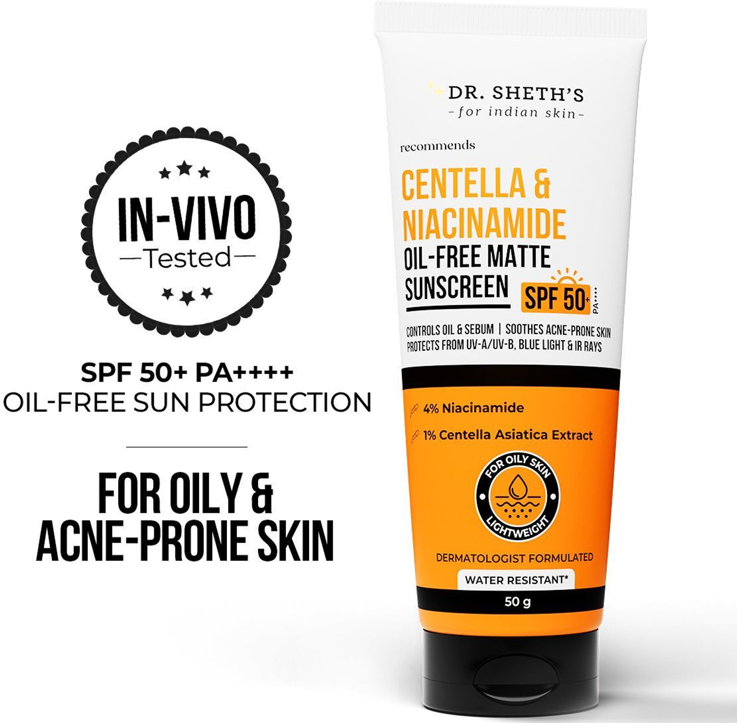 Image of Dr. Sheth's Sunscreen - SPF 50+ PA++++ Centella & Niacinamide Oil-Free Matte Sunscreen | Controls Excess Oil & Sebum