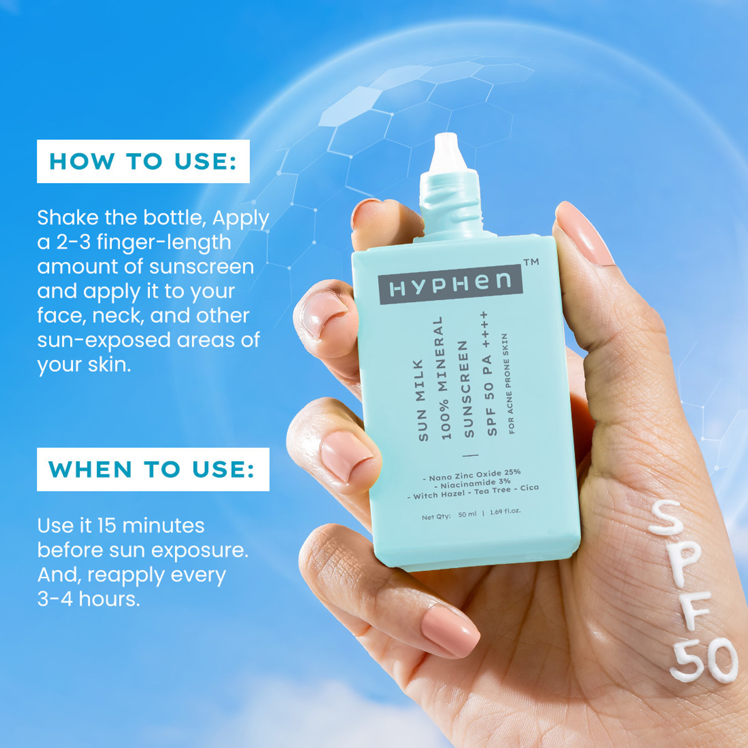 Image of HYPHEN Sunscreen - SPF 50 PA++++ Sun Milk 100% Mineral UV+ Bluelight Protection| Sensitive, Acne-Prone, Oily Skin