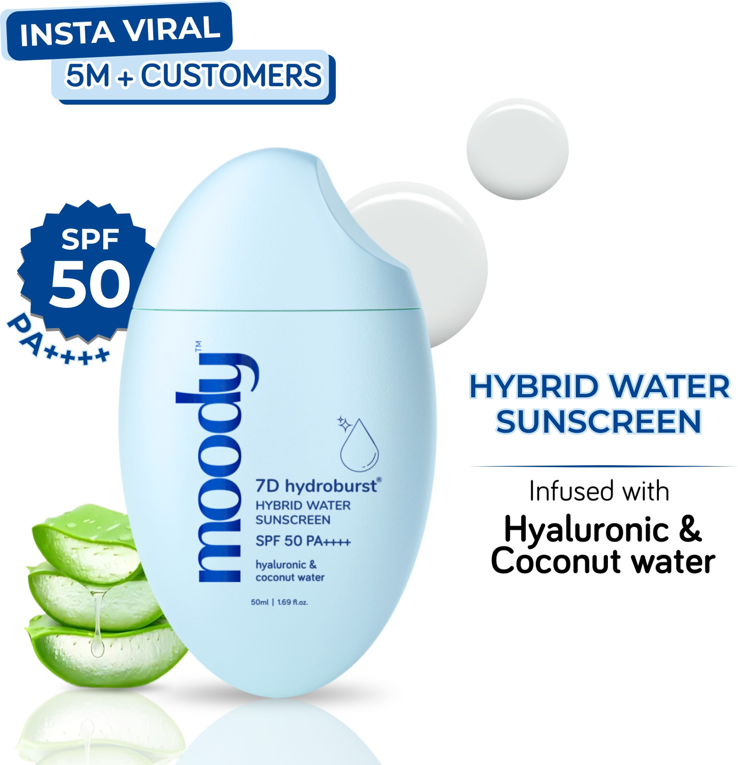 Image of MOODY Sunscreen - SPF 50 PA+++ 7D Hydro Burst Hybrid Water Sunscreen, Hyaluronic & Coconut - SPF 50 PA