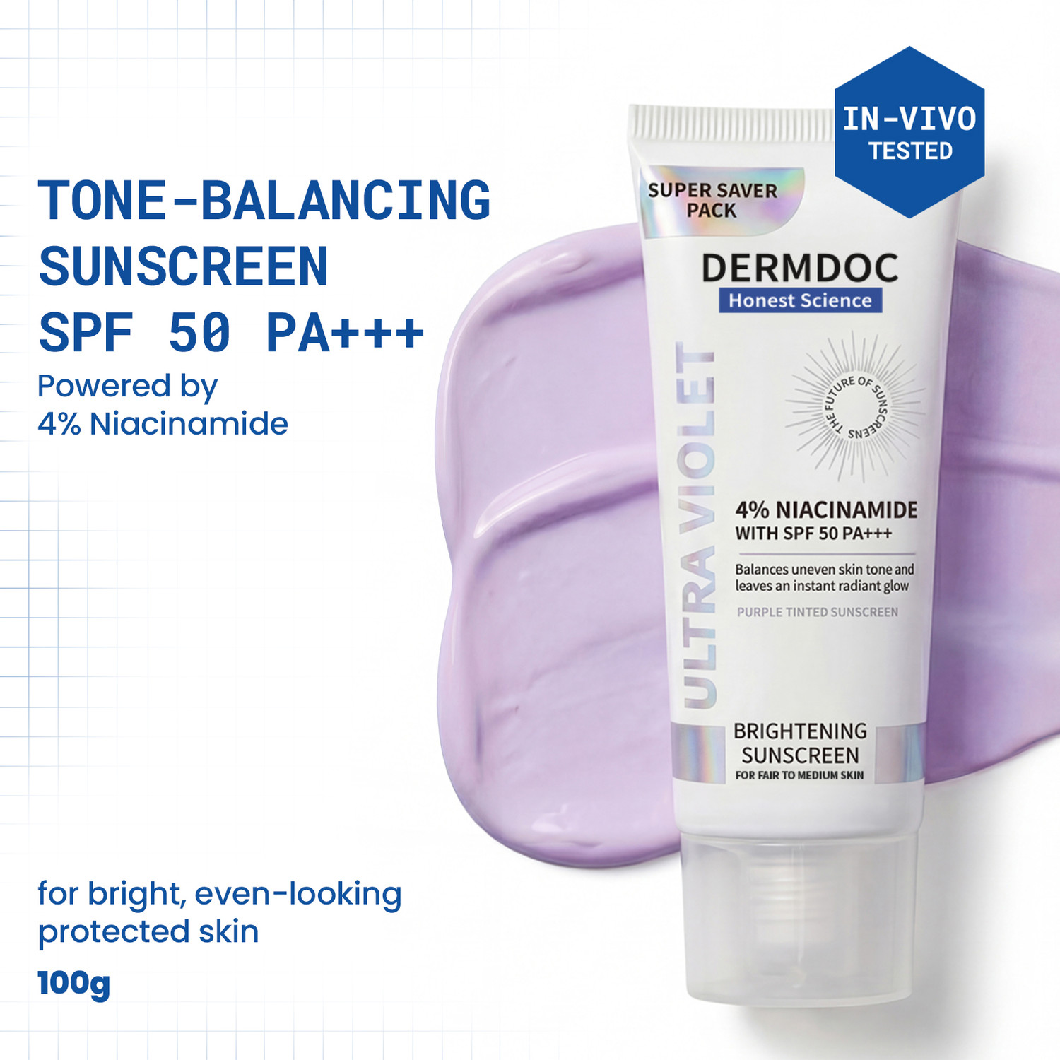 Image of DermDoc Sunscreen - SPF 50 PA+++ Ultra Violet Purple Brightening Sunscreen with 4% Niacinamide