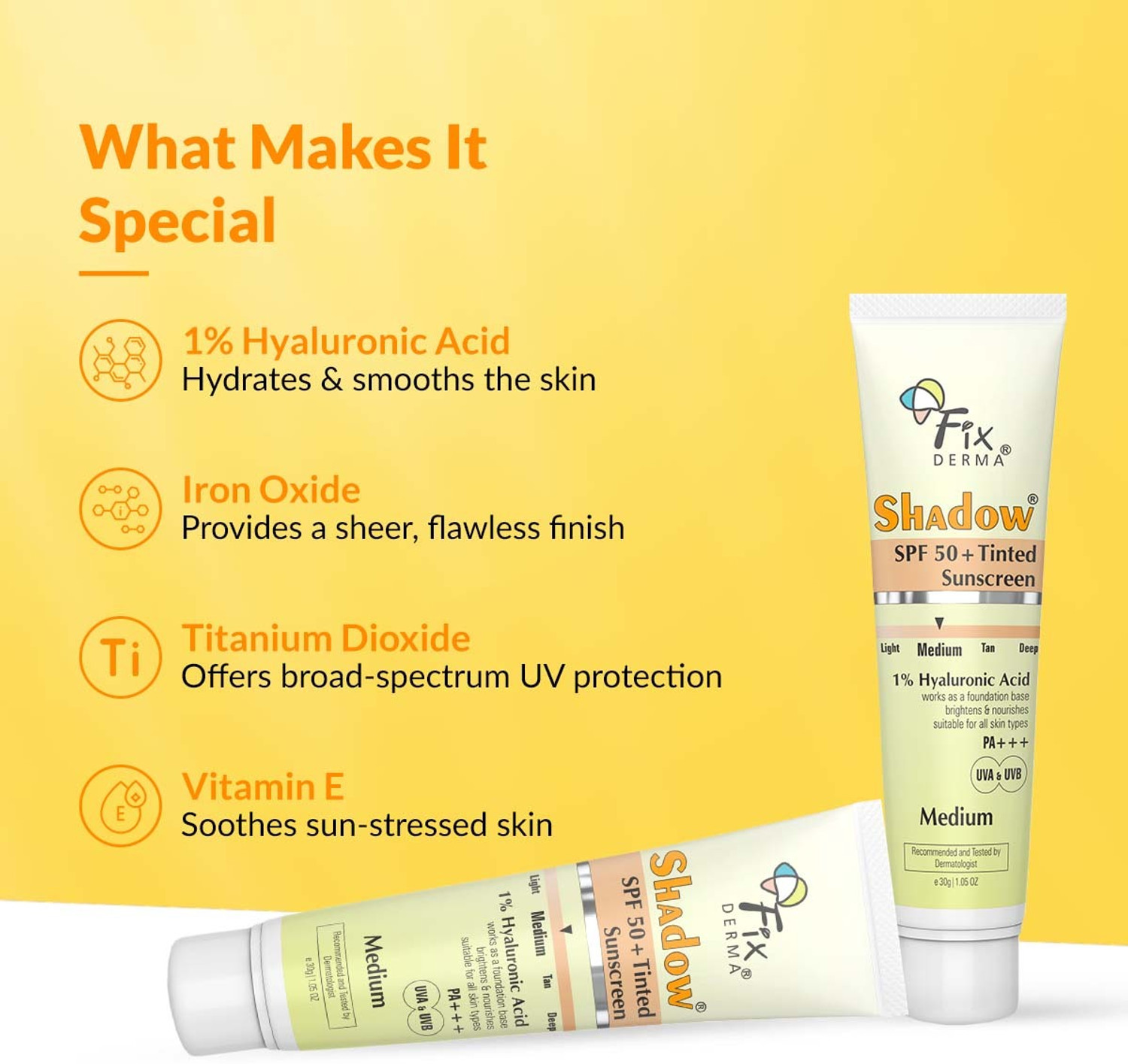 Image of Fixderma Sunscreen - SPF 50 PA+++ Shadow Tinted Sunscreen Medium SPF 50 PA+++, 1% Hyaluonic Acid, No White Cast